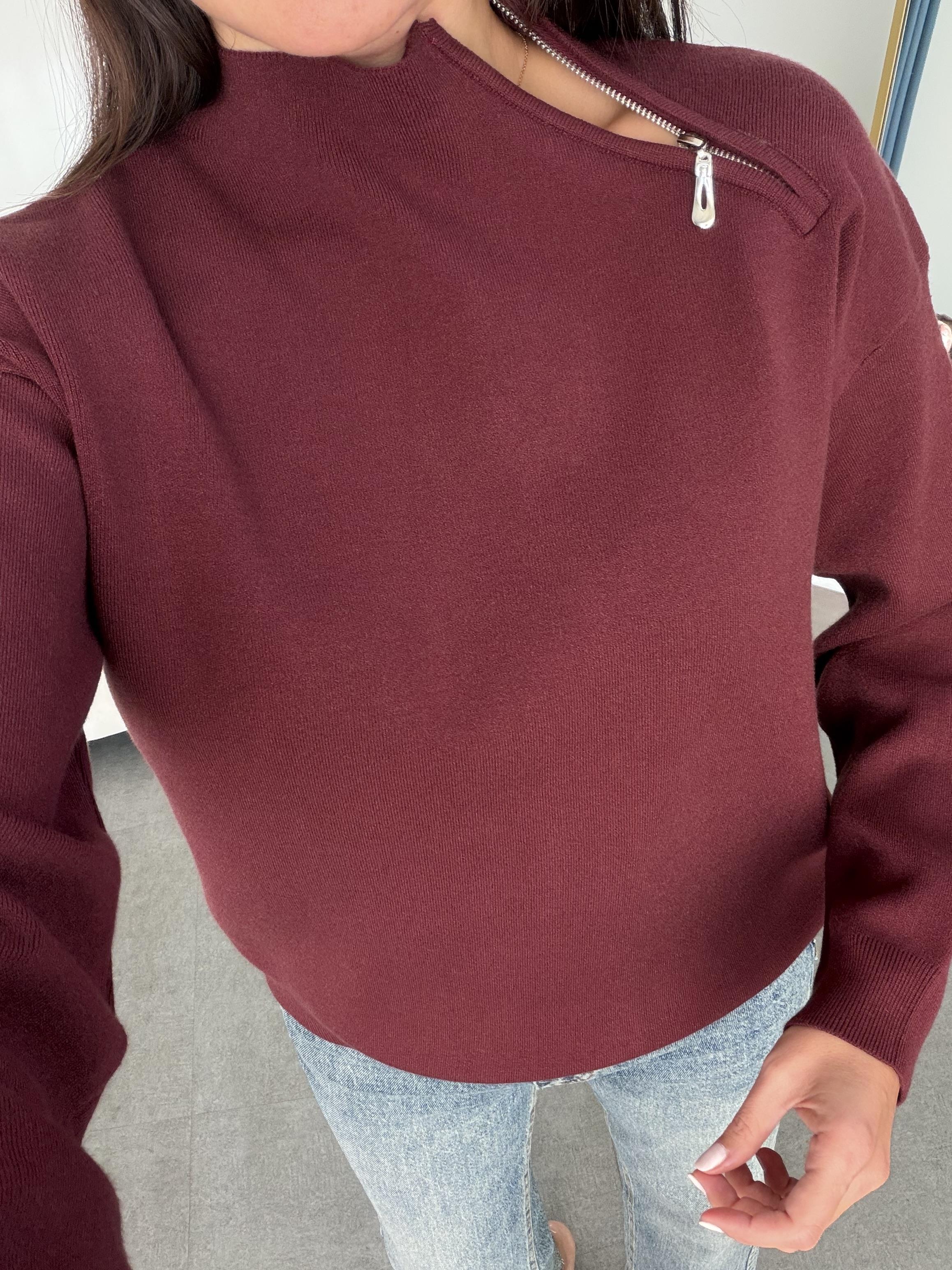 Bordo Yaka Fermuarlı Çelik Örme Triko