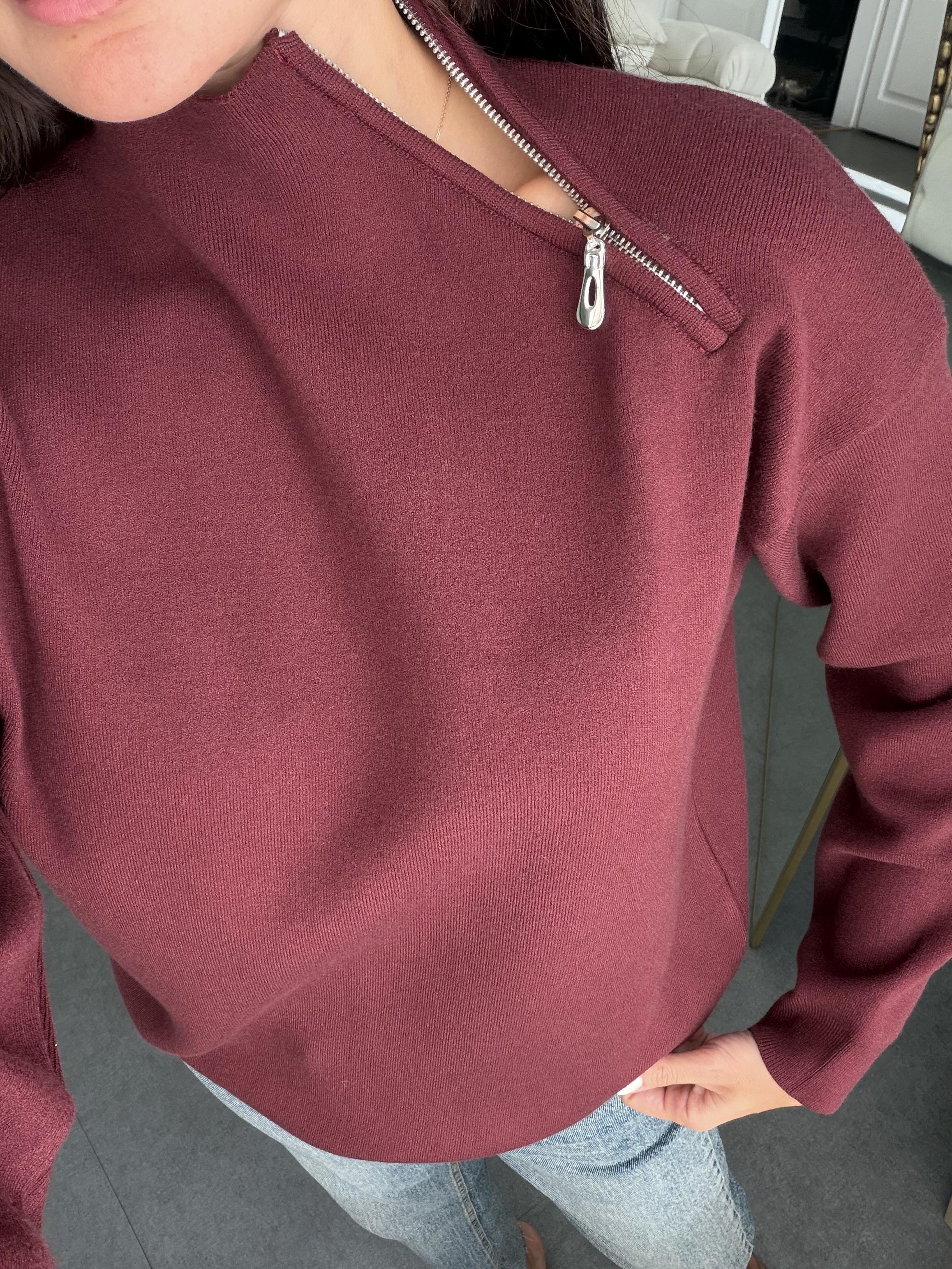 Bordo Yaka Fermuarlı Çelik Örme Triko