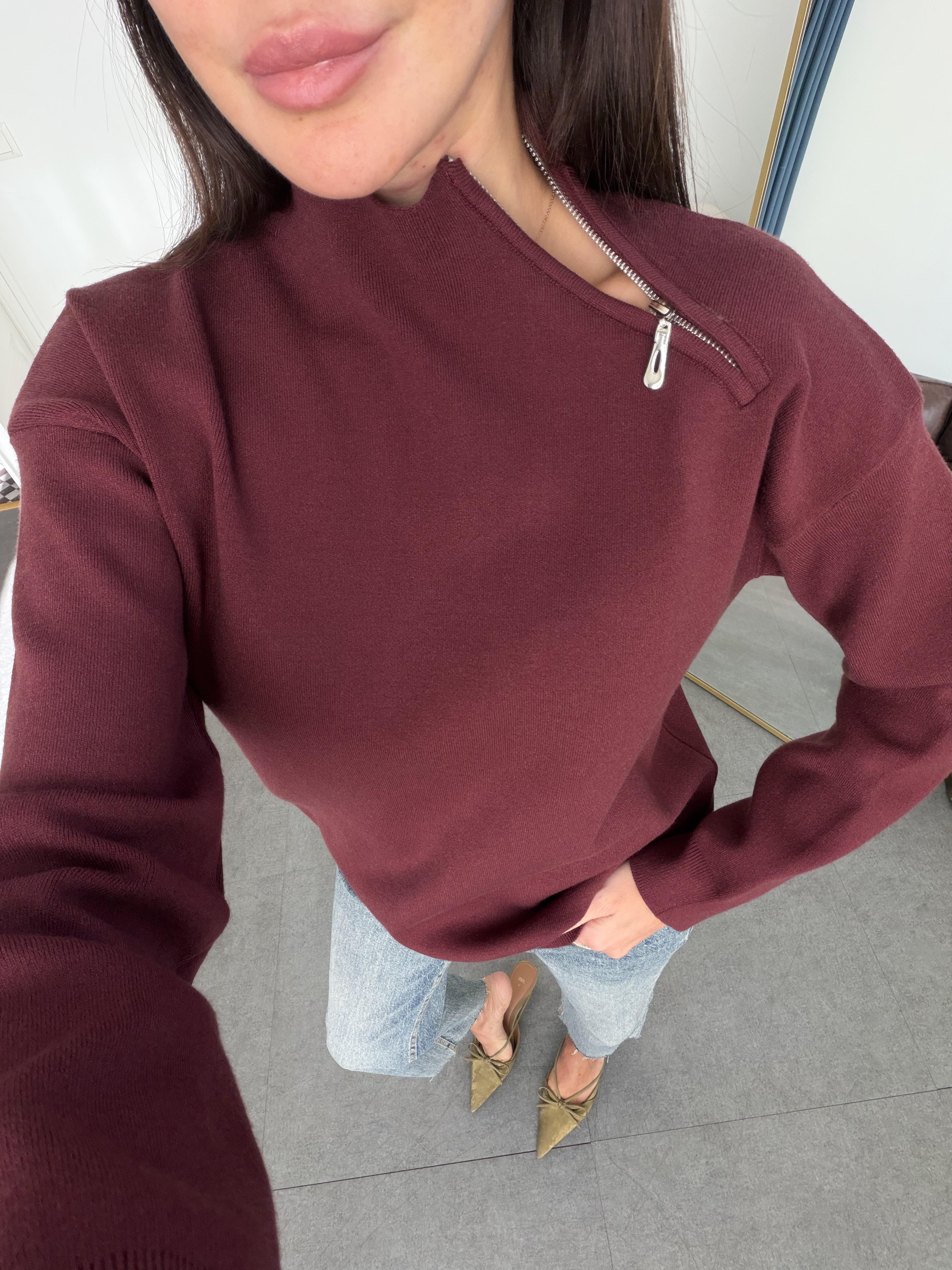 Bordo Yaka Fermuarlı Çelik Örme Triko