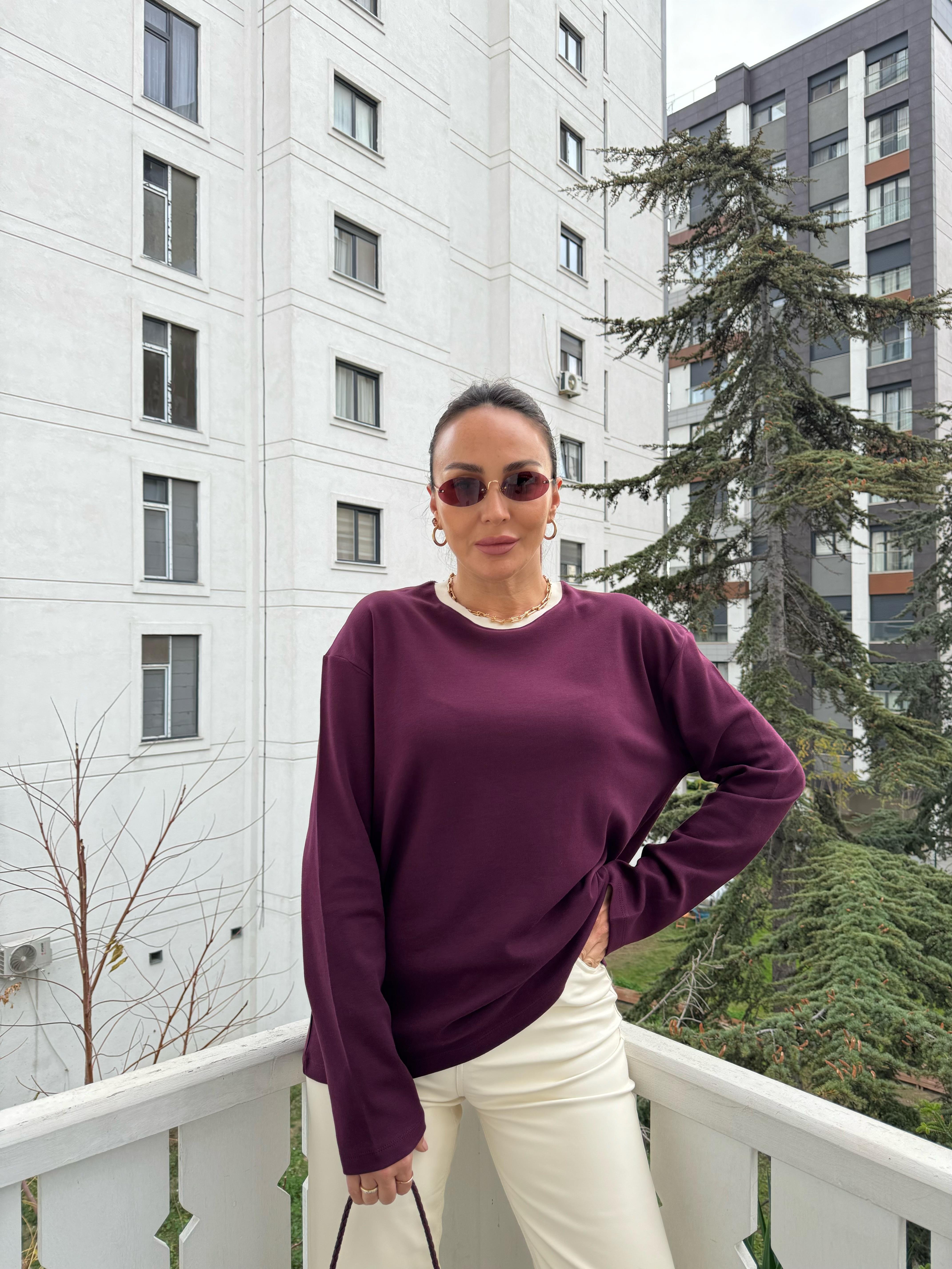 Bordo Yakası Beyaz Şeritli Sweatshirt