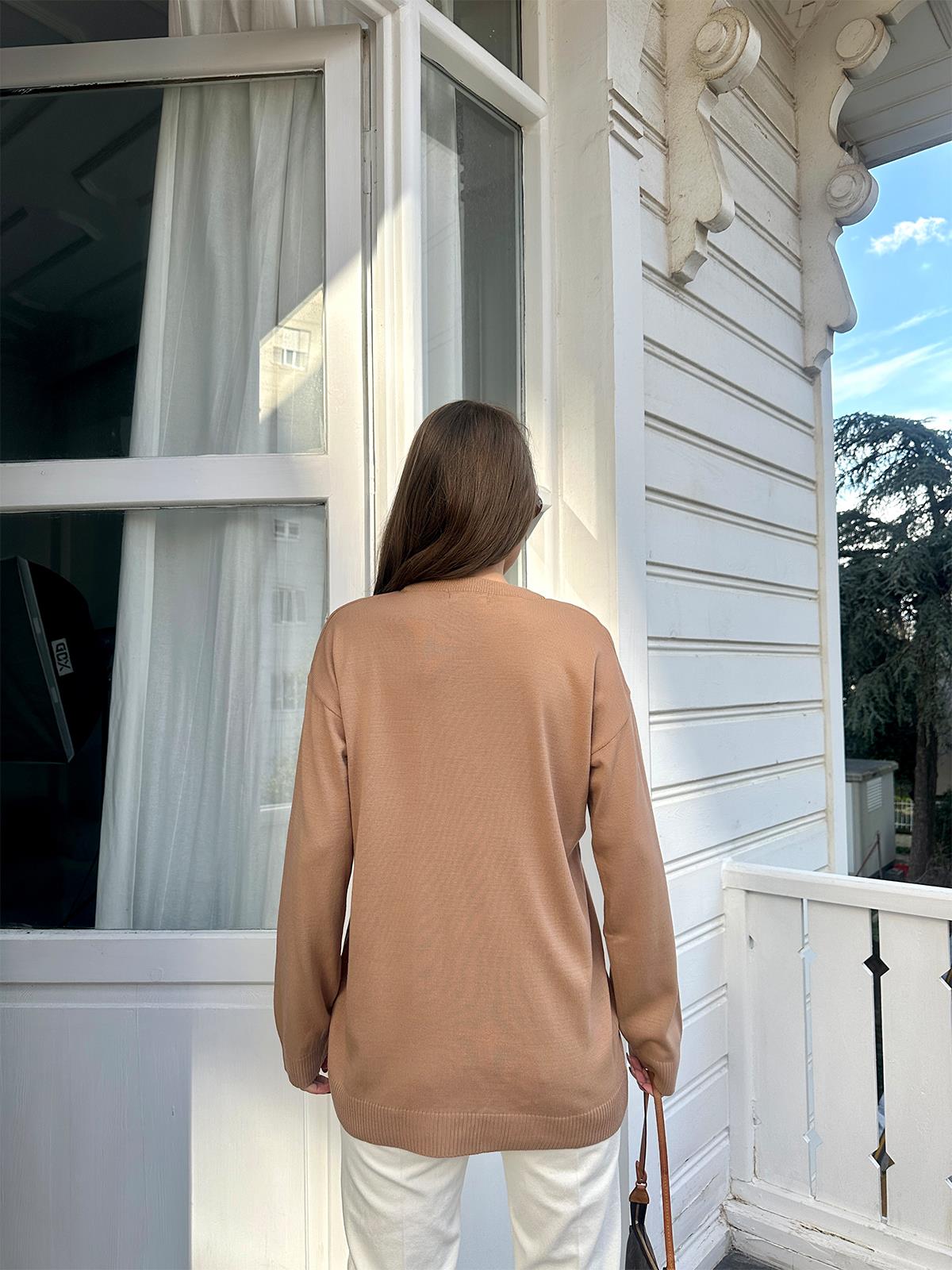 Camel Bisiklet Yaka Oversize Basic Kazak