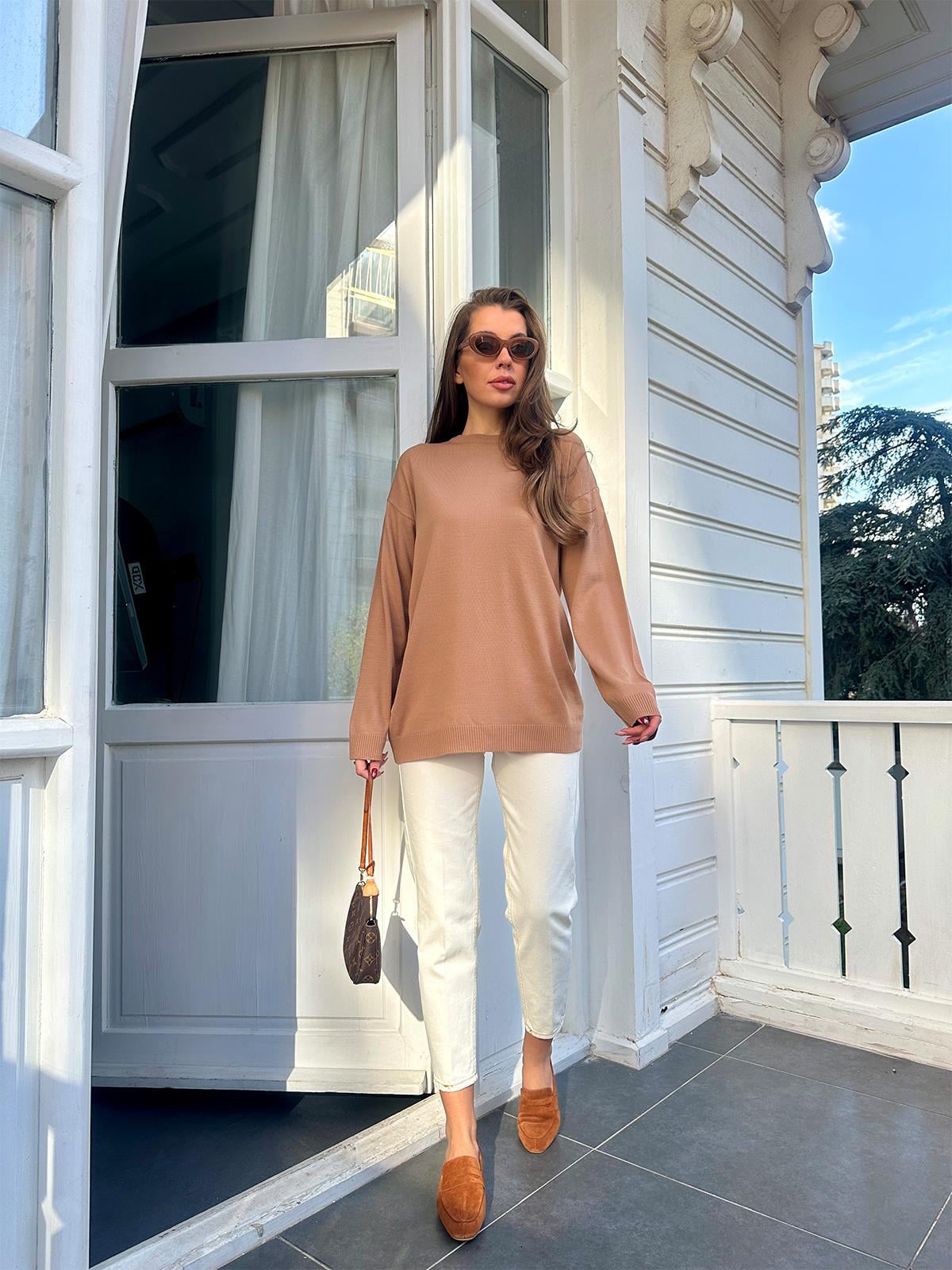 Camel Bisiklet Yaka Oversize Basic Kazak
