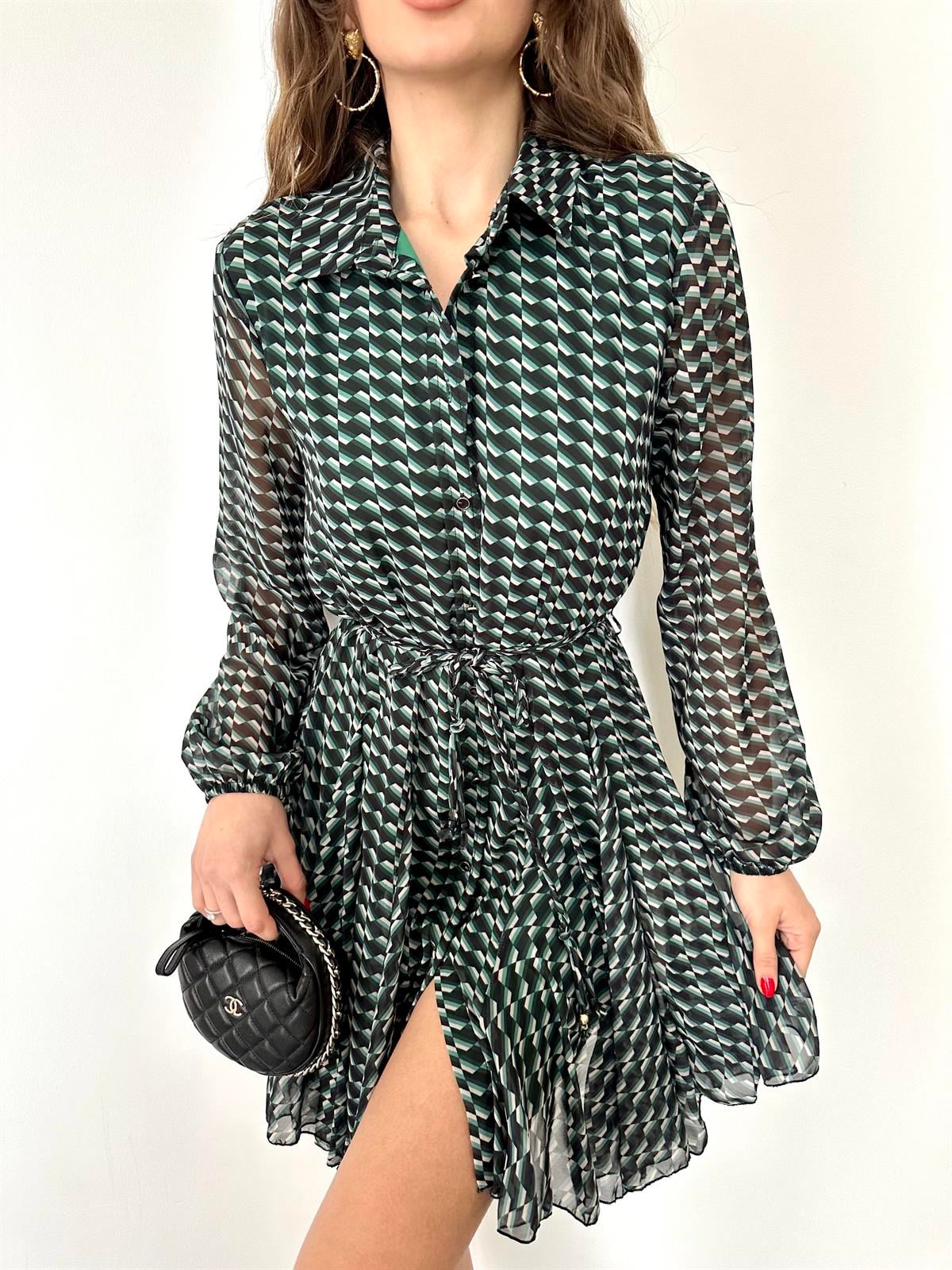 Çimen Yeşili Volanlı Elbise