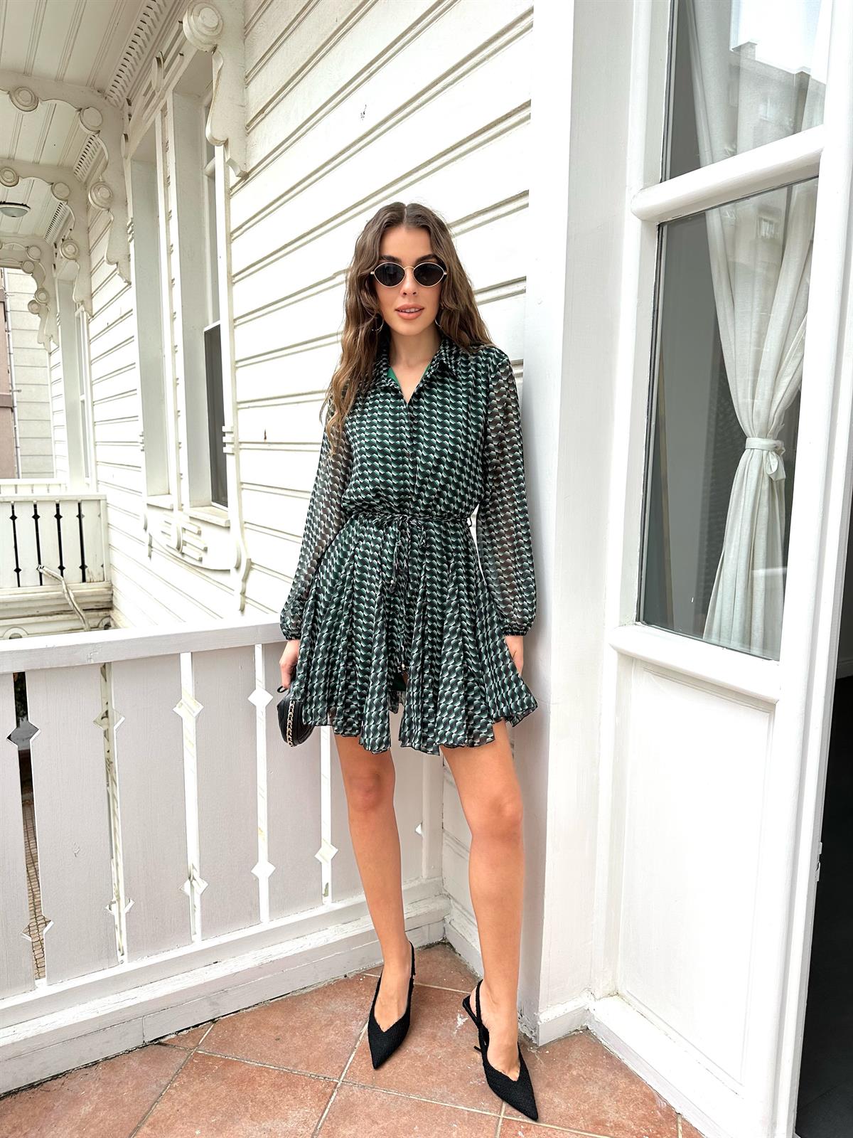 Çimen Yeşili Volanlı Elbise