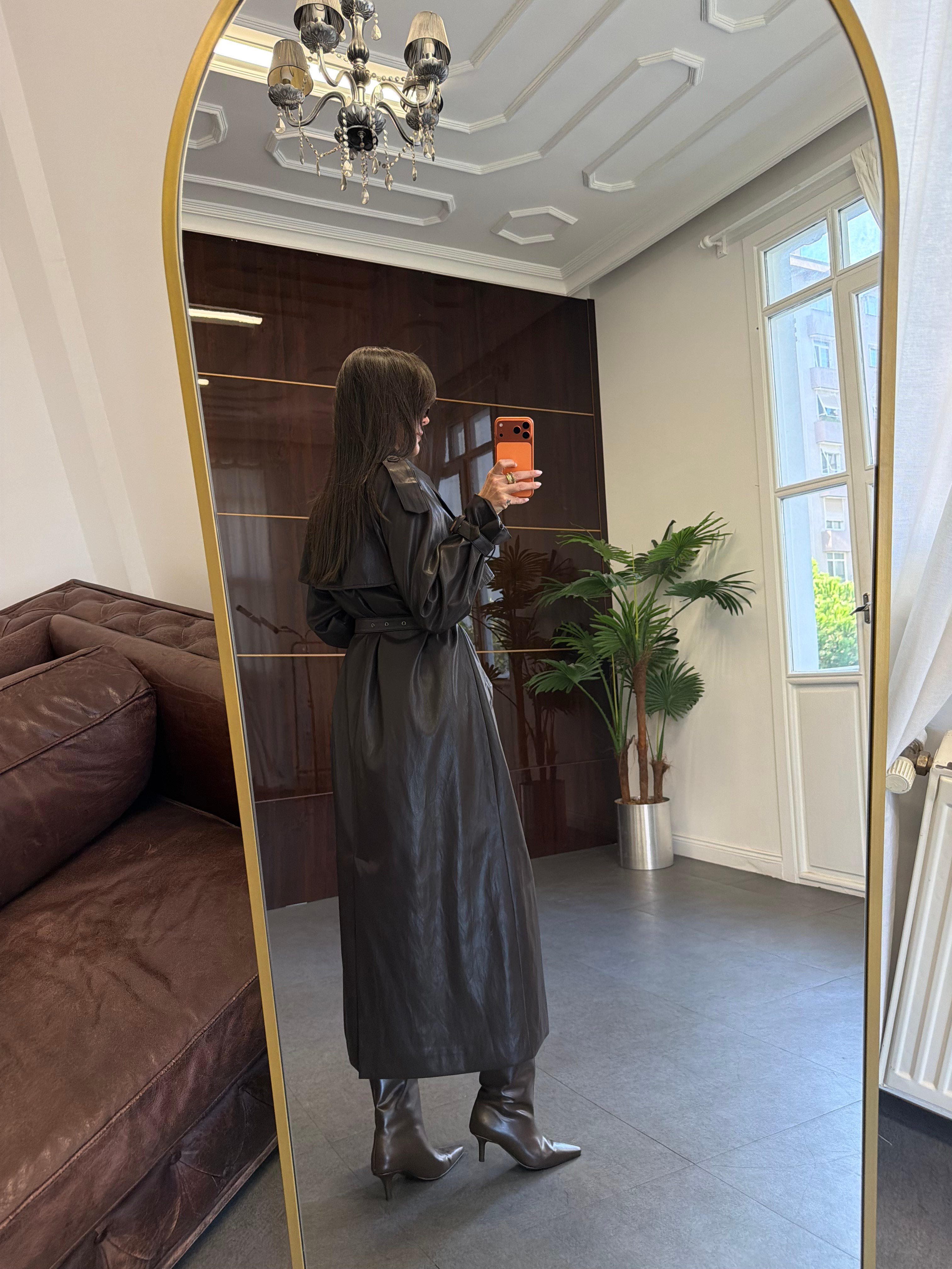 Dark Brown Deri Kuşaklı Trençkot