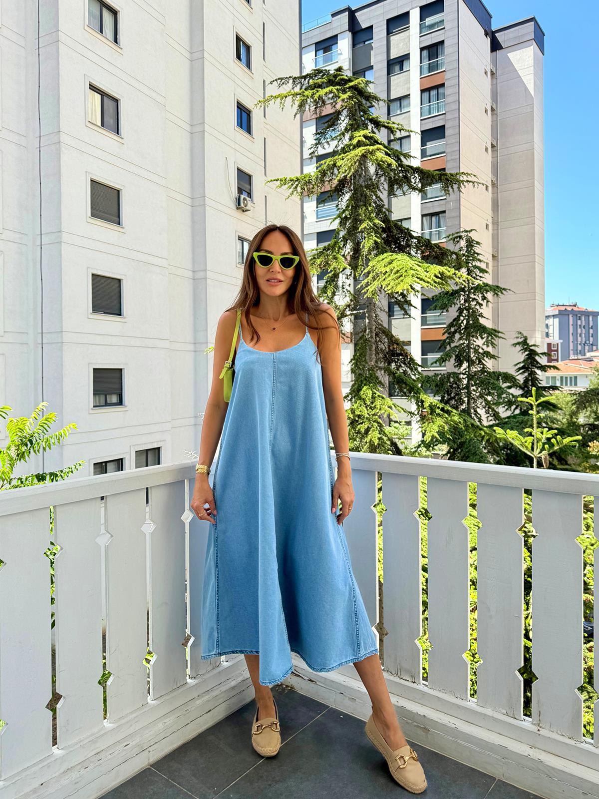 Denim Kumaş Askılı Elbise