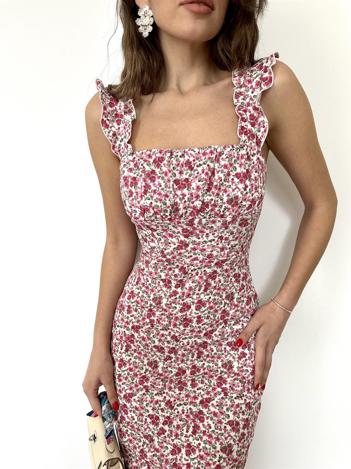 Desenli Kalın Askılı Pamuklu Elbise