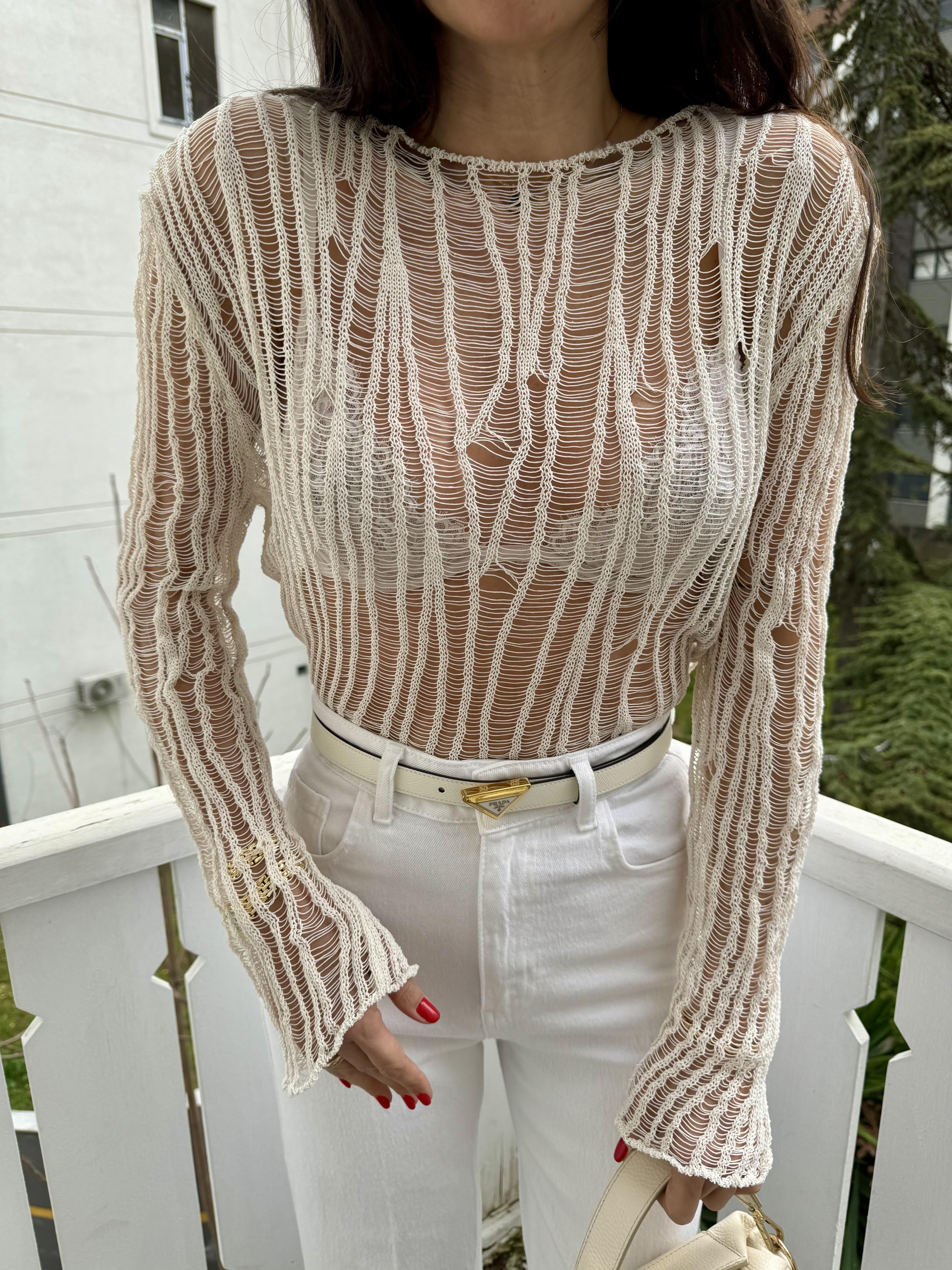 Ekru Ajurlu Triko Bluz