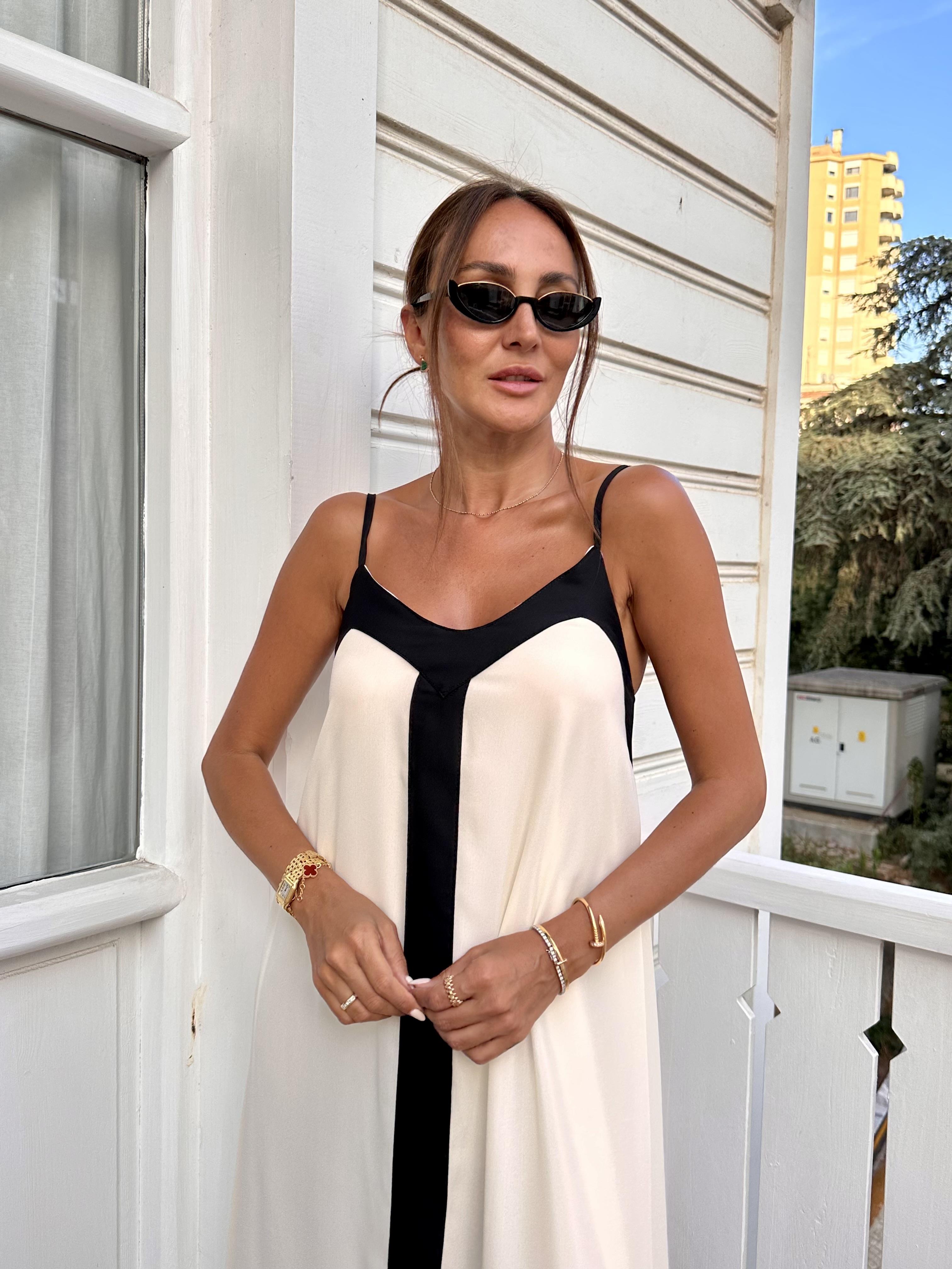 Ekru Asimetrik İp Askılı Elbise