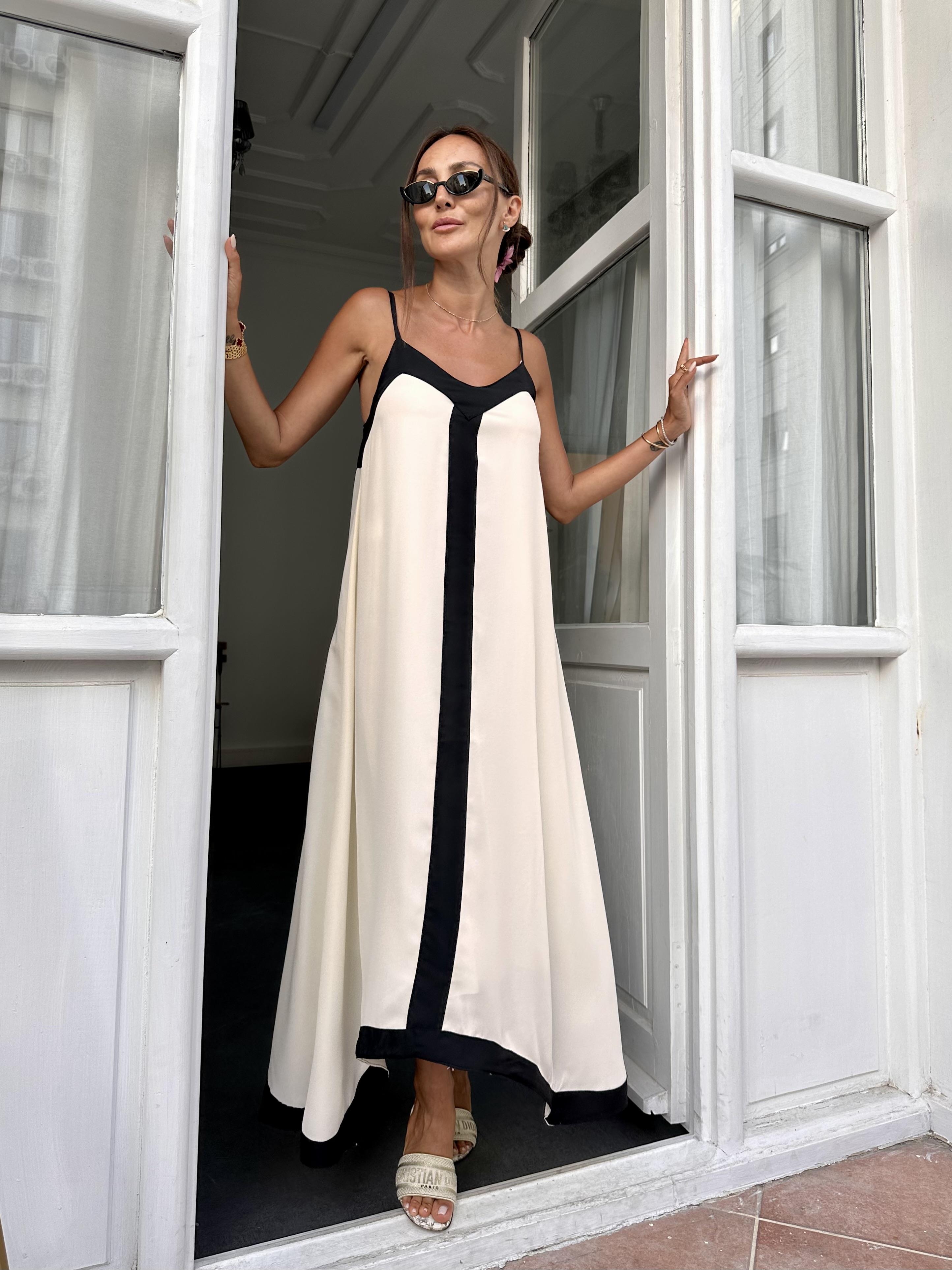 Ekru Asimetrik İp Askılı Elbise