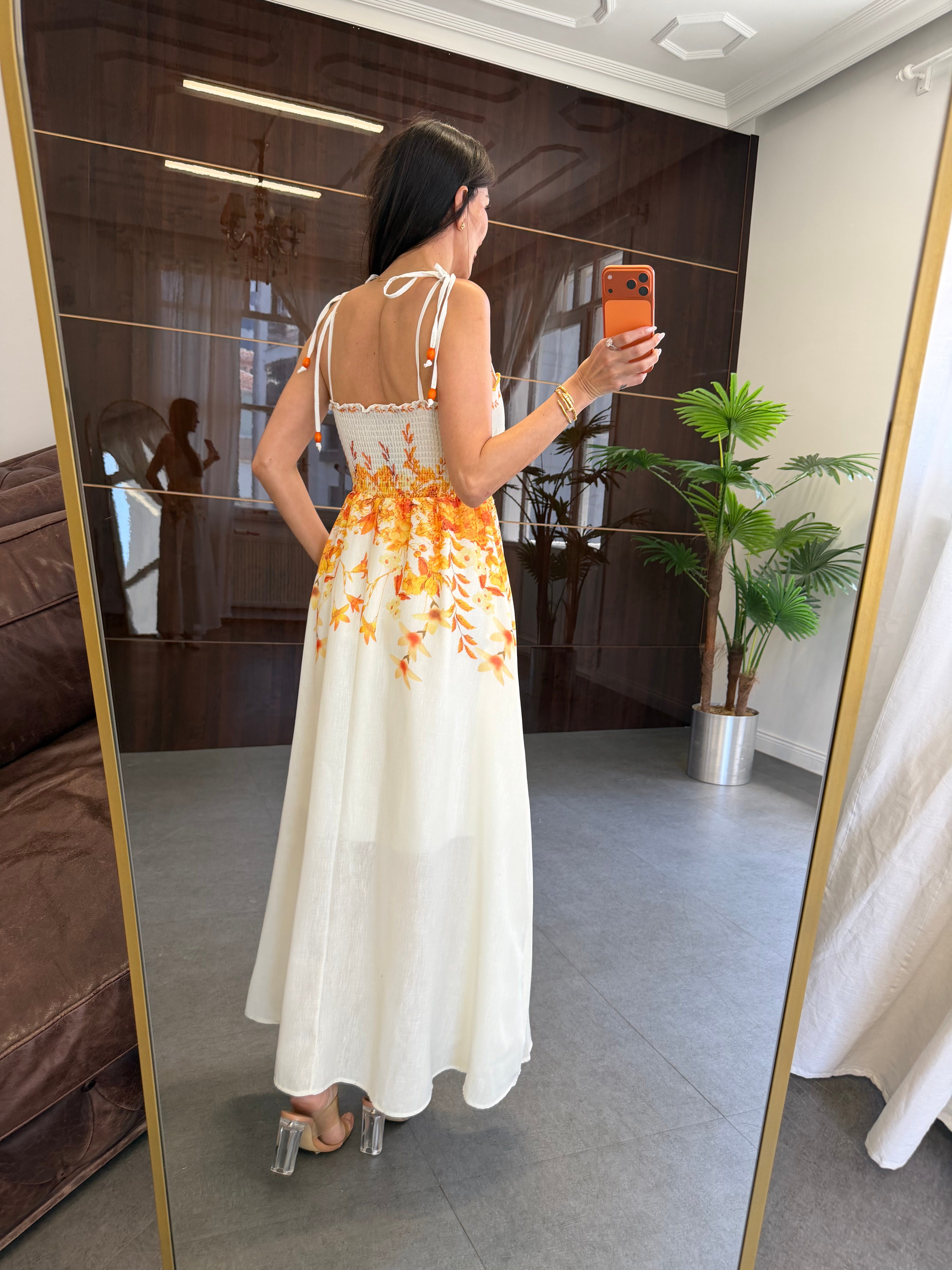 Ekru Bağlamalı Askılı Elbise