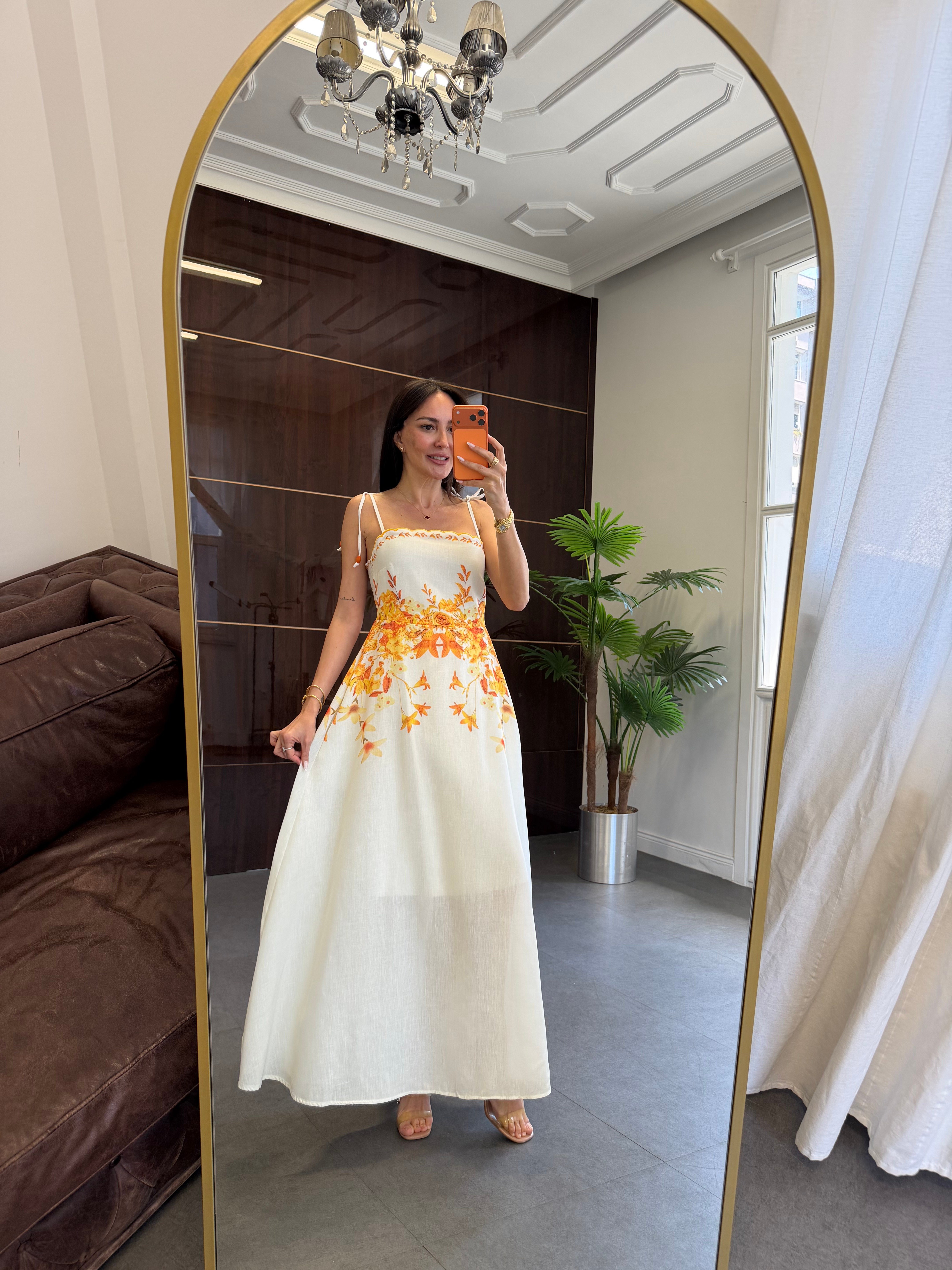 Ekru Bağlamalı Askılı Elbise