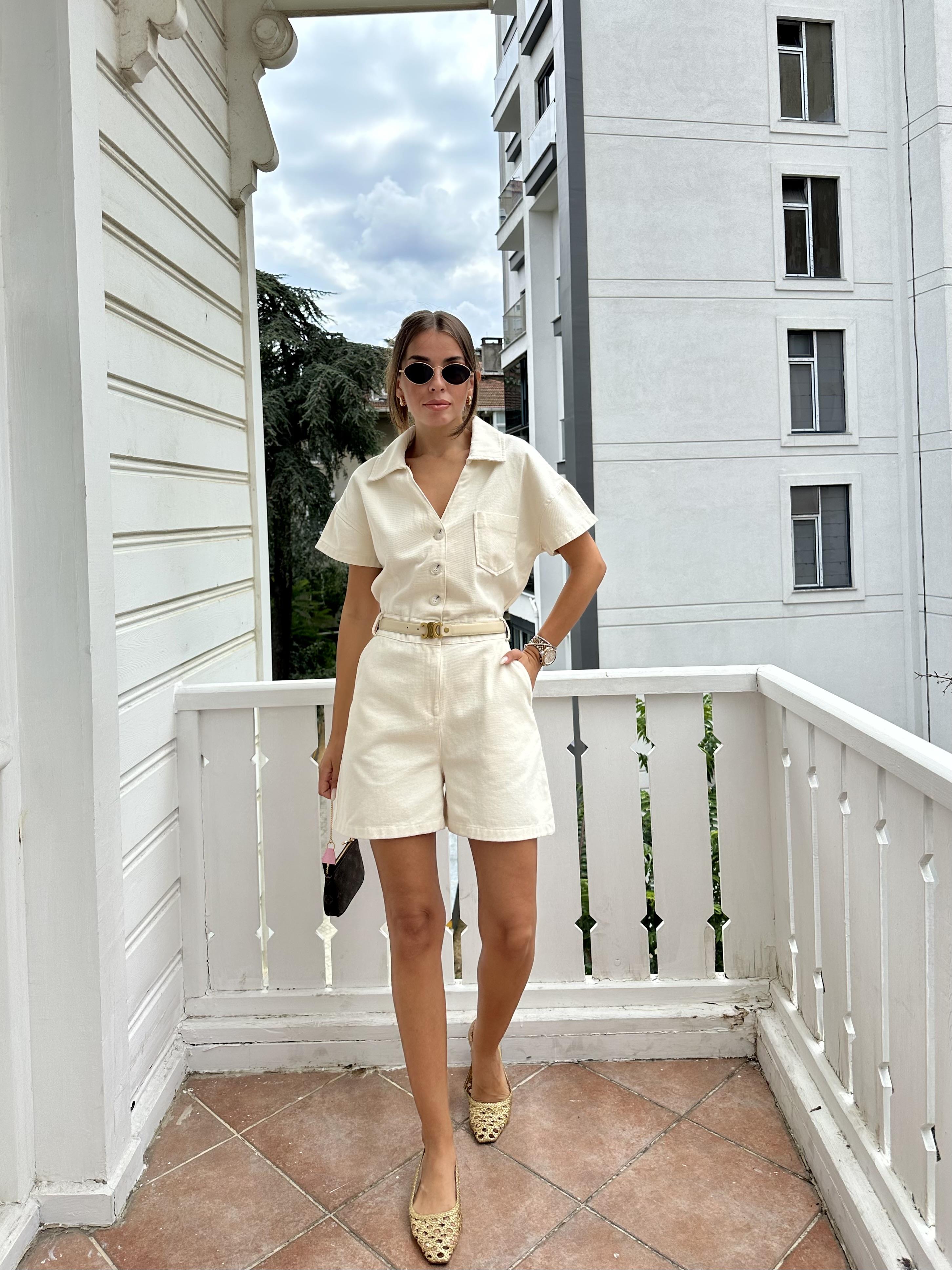 Ekru Beli Lastikli Gabardin Tulum