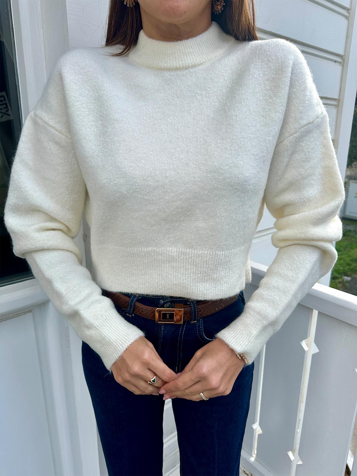 Ekru Bisiklet Yaka Crop Kazak