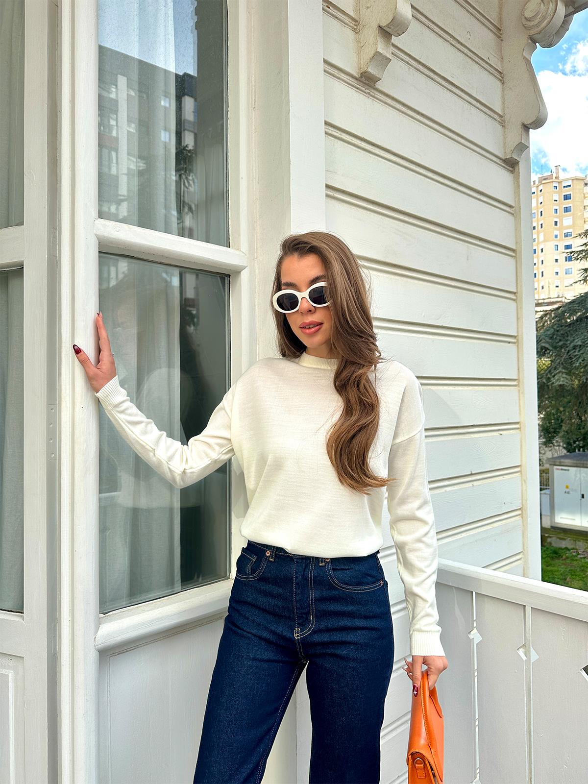 Ekru Bisiklet Yaka Oversize Basic Kazak