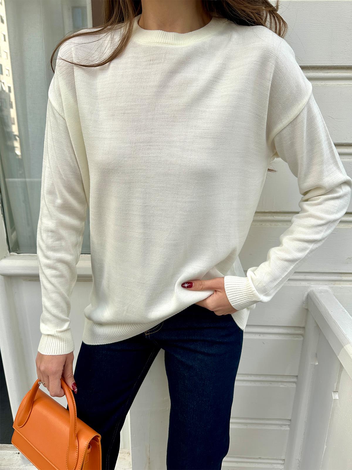 Ekru Bisiklet Yaka Oversize Basic Kazak