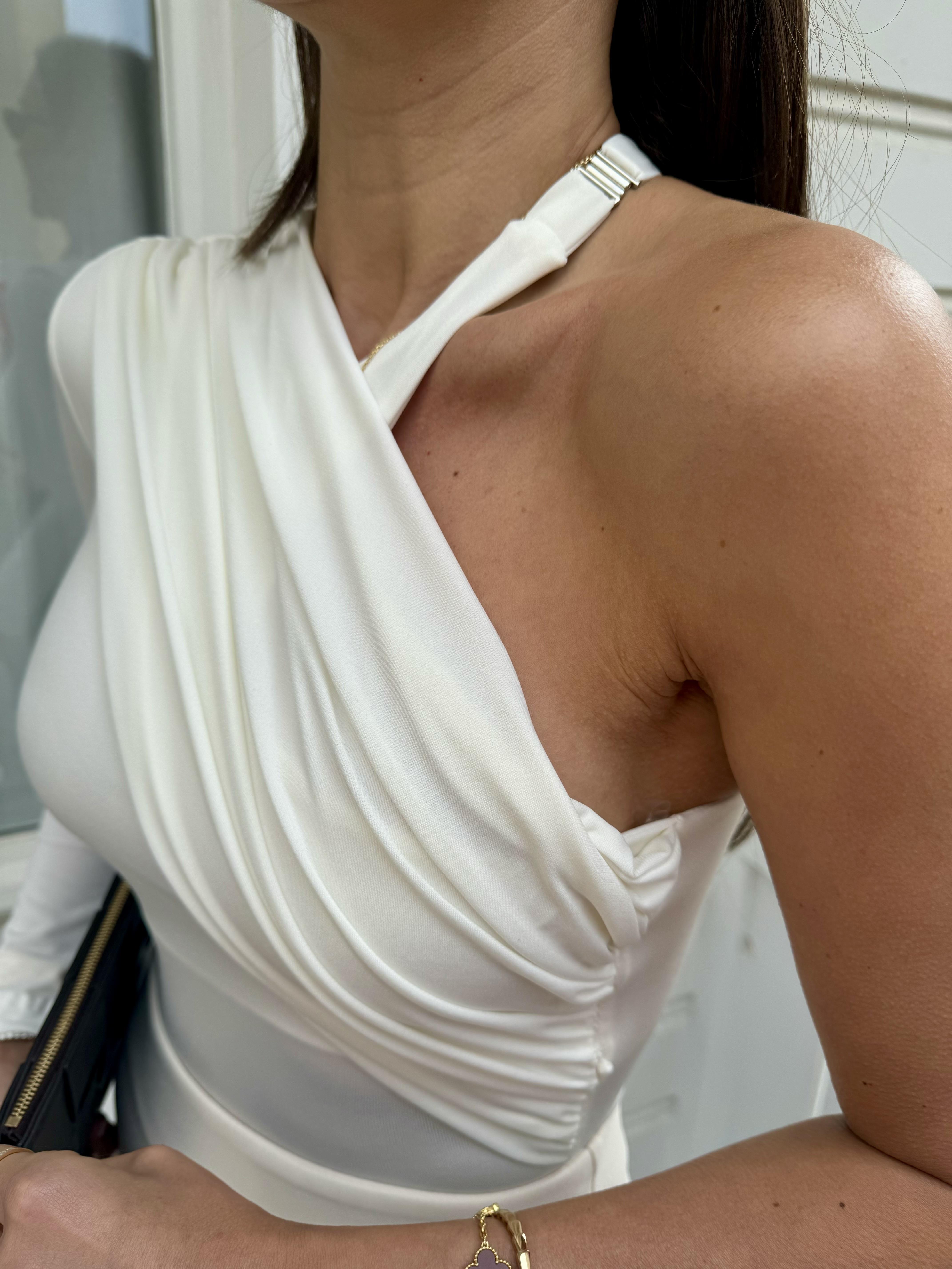 Ekru Boyun Detaylı Drape Bodysuit