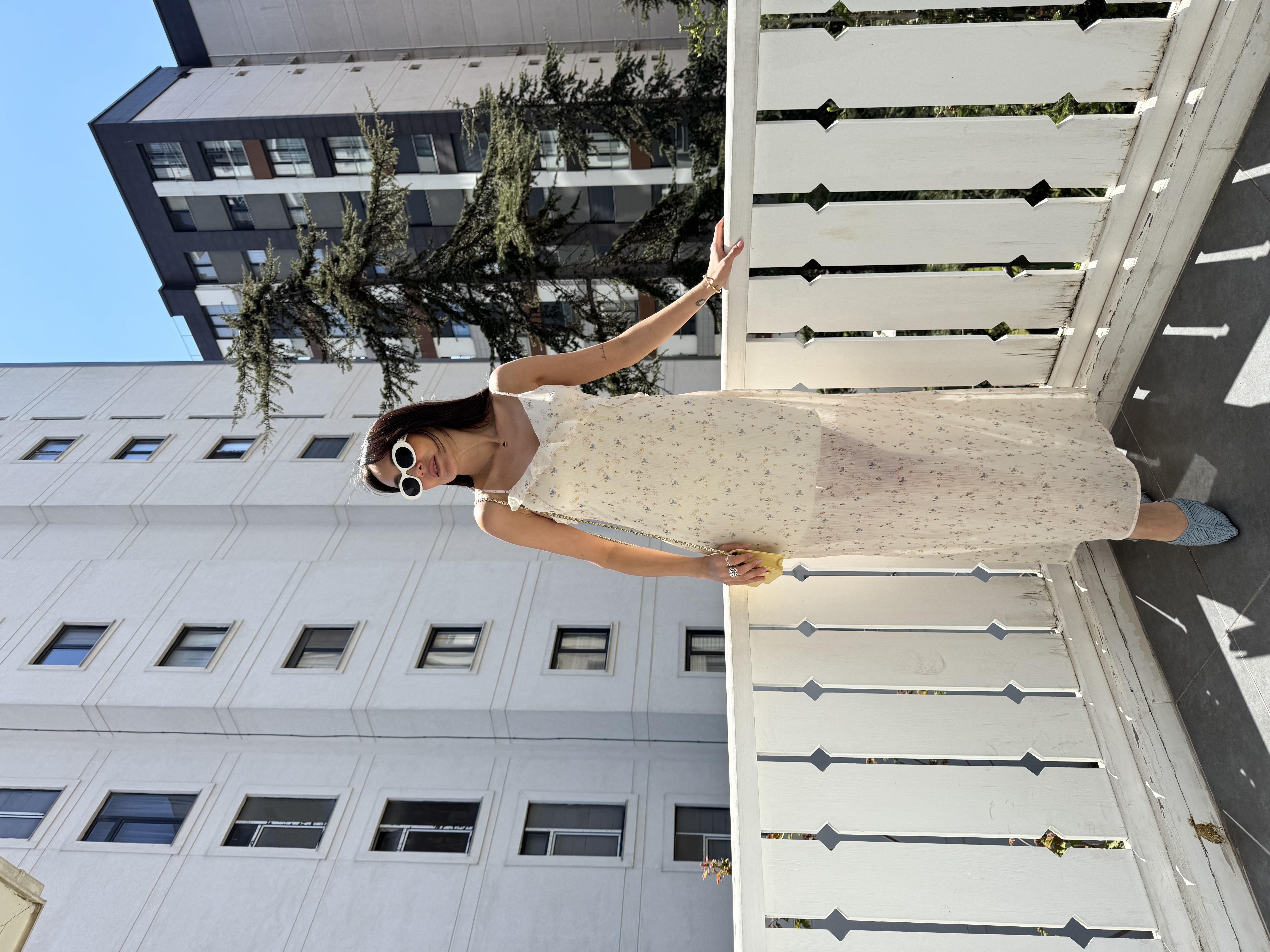 Ekru Çıtır Desenli Şifon Elbise