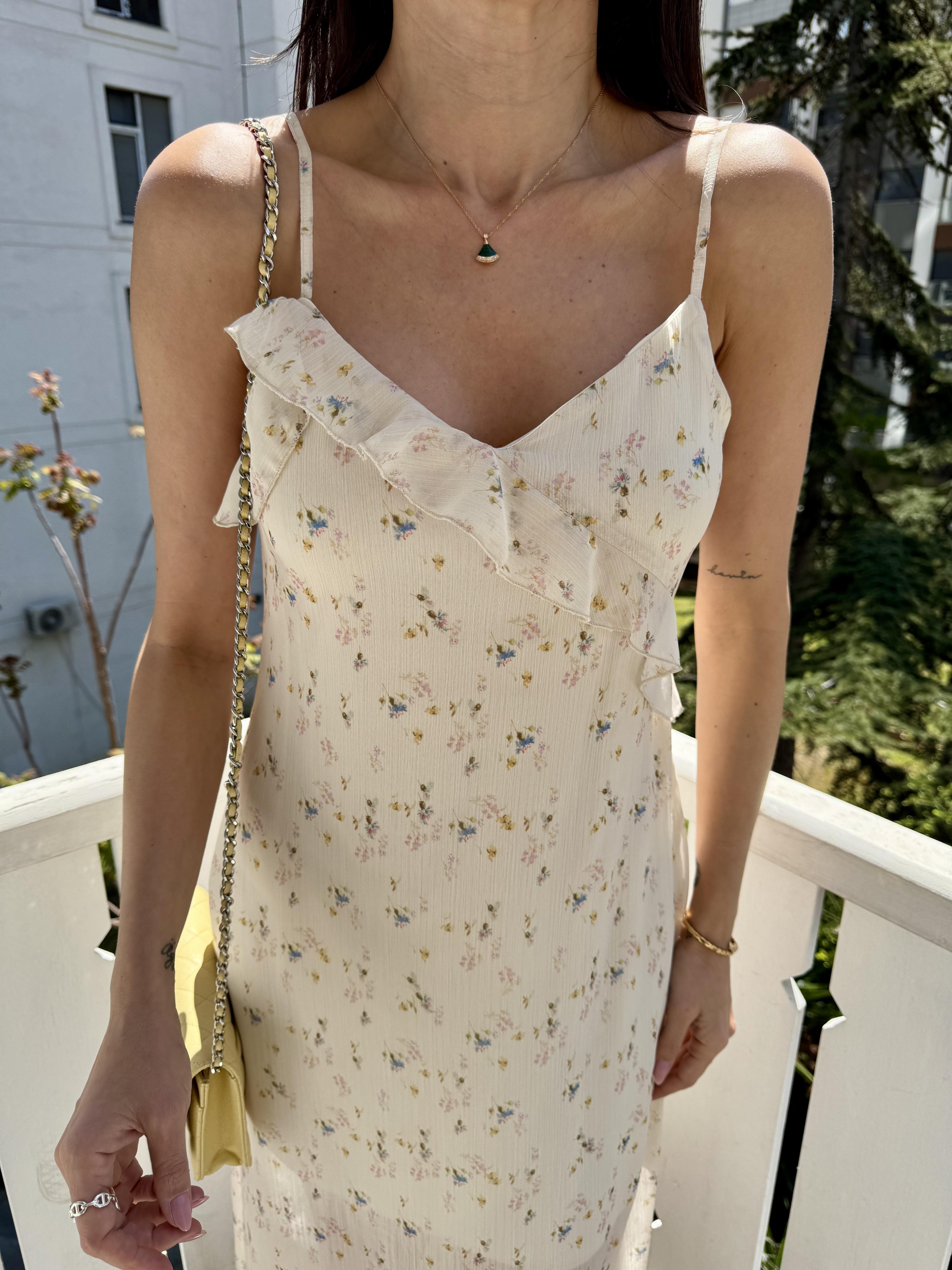 Ekru Çıtır Desenli Şifon Elbise