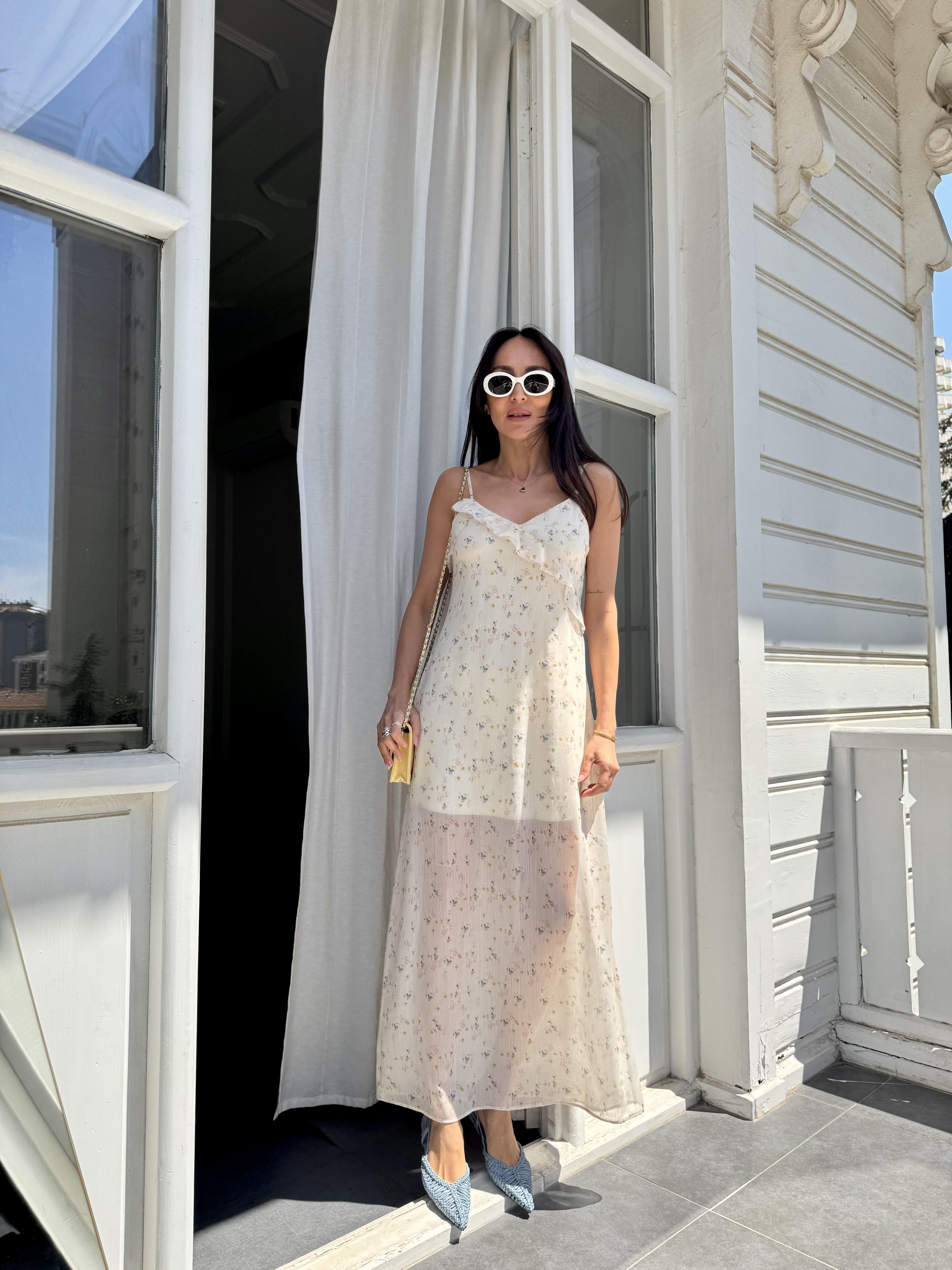 Ekru Çıtır Desenli Şifon Elbise