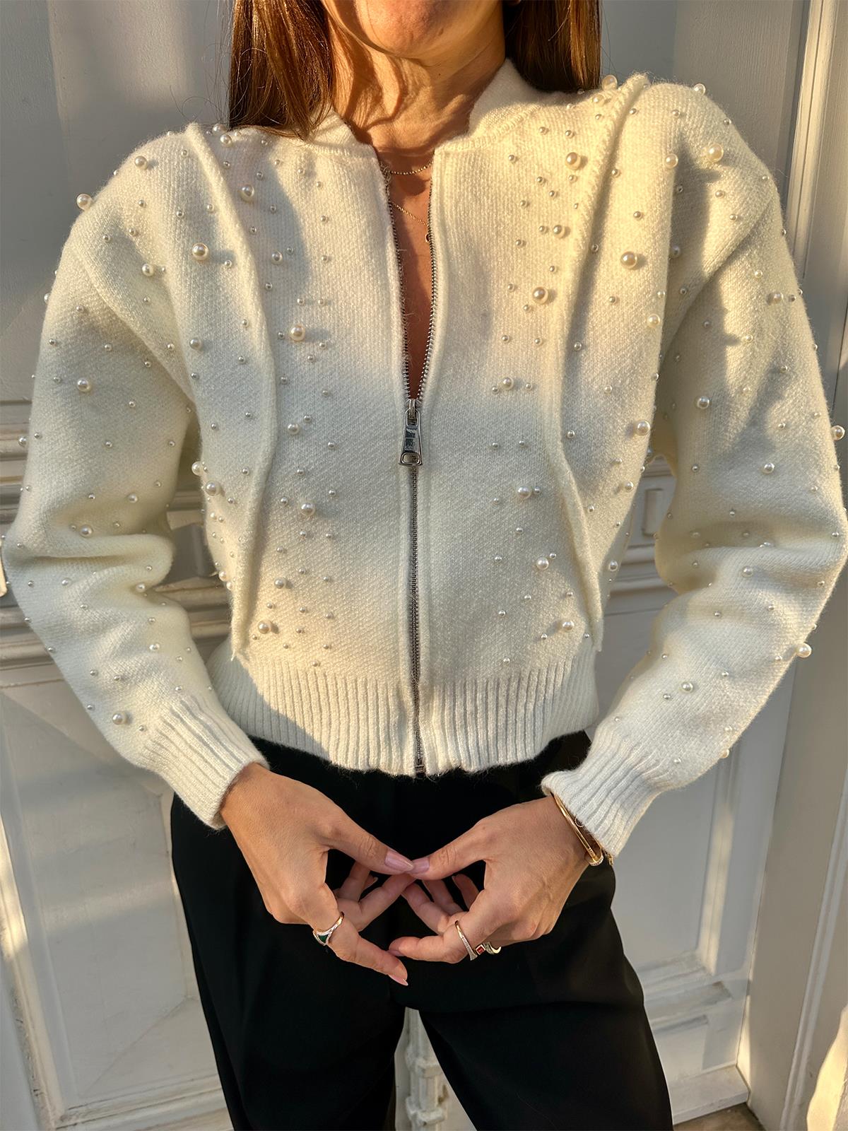 Ekru İnci Taş Detaylı Fermuarlı Hırka