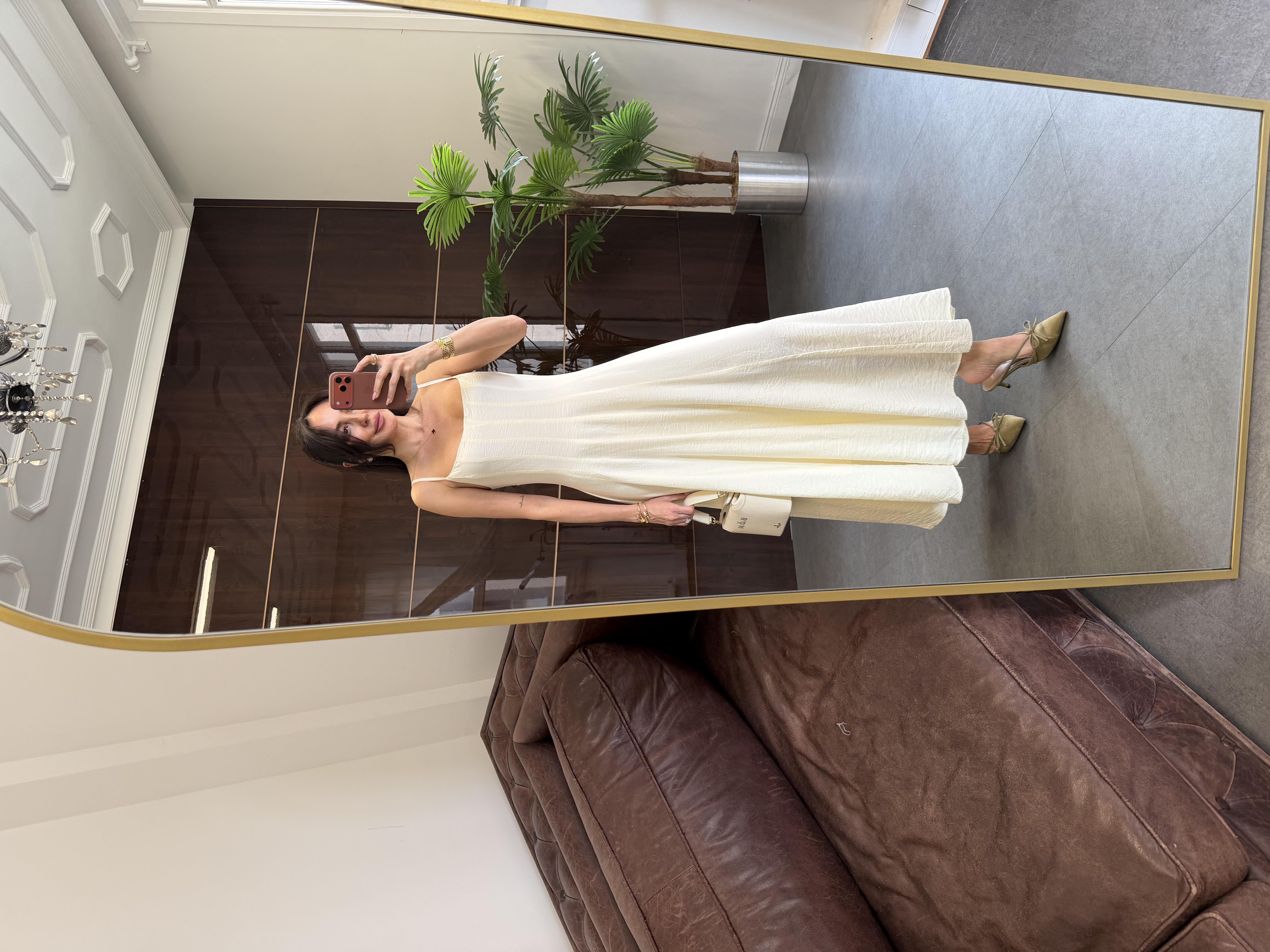 Ekru İp Askılı Etek Ucu Volanlı  Elbise