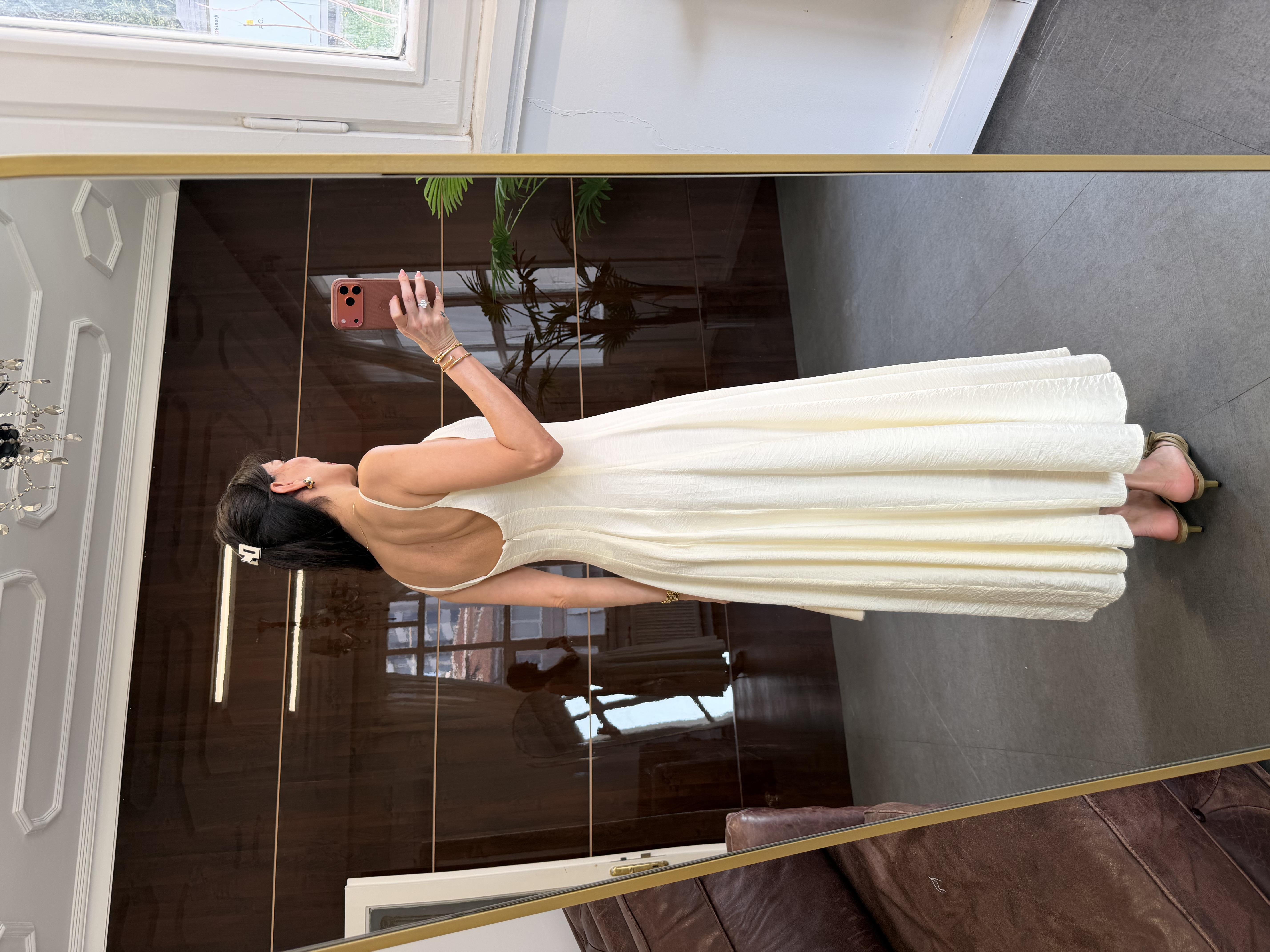 Ekru İp Askılı Etek Ucu Volanlı  Elbise