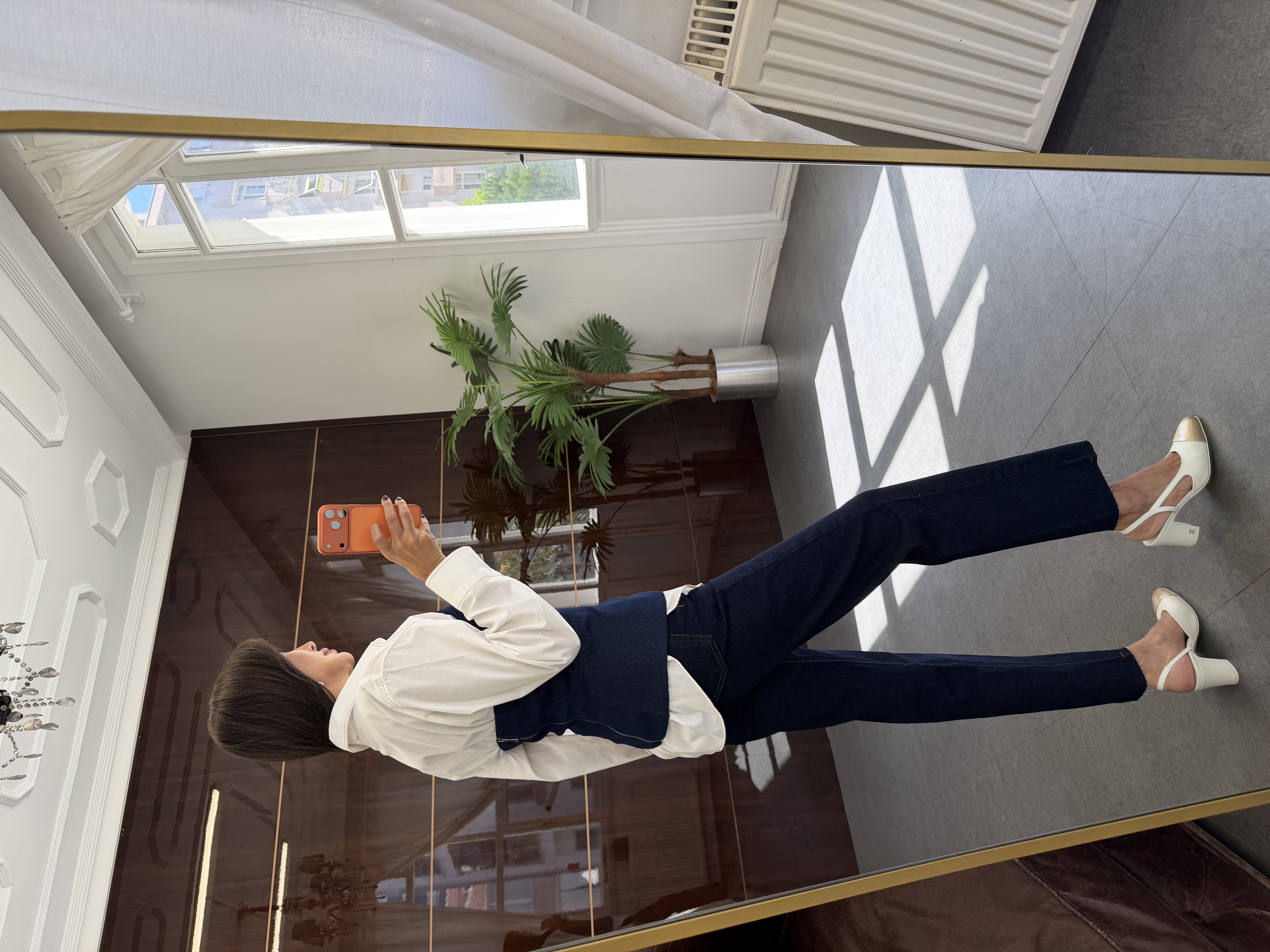 Ekru Jean Büstiyer Detaylı Tasarım Gömlek