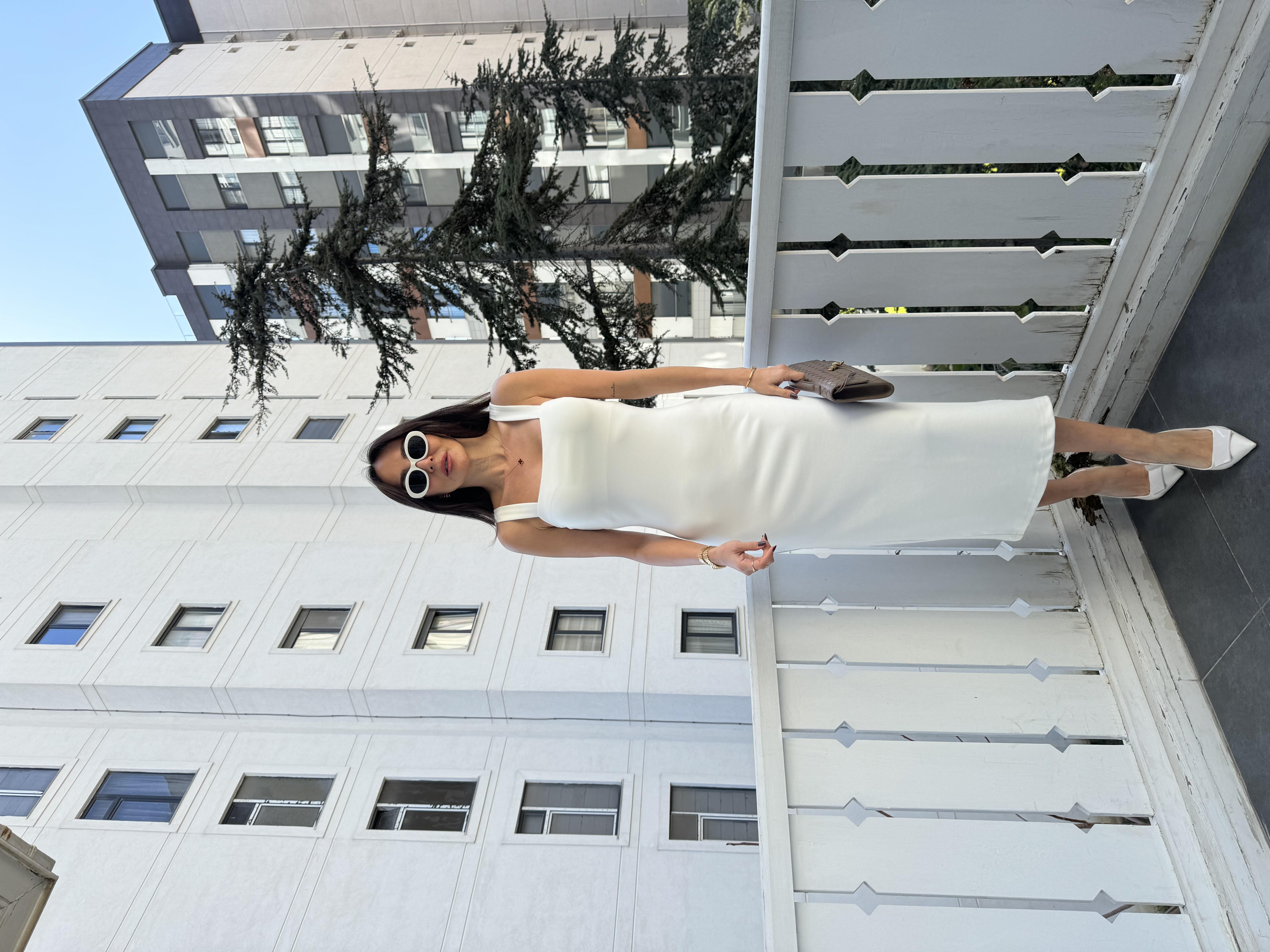 Ekru Kare Yaka Midi Elbise