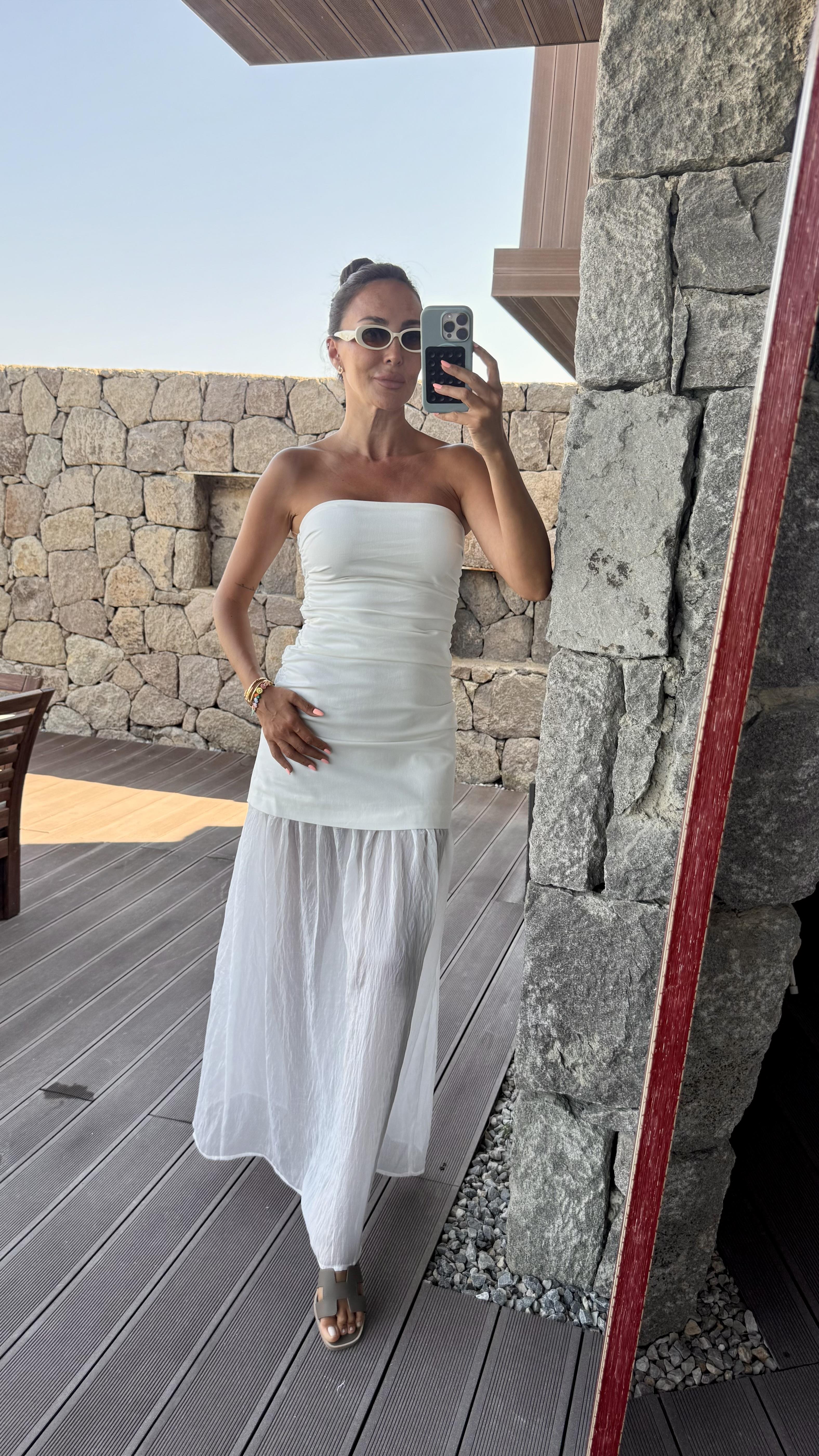 Ekru Midi Straplez Elbise