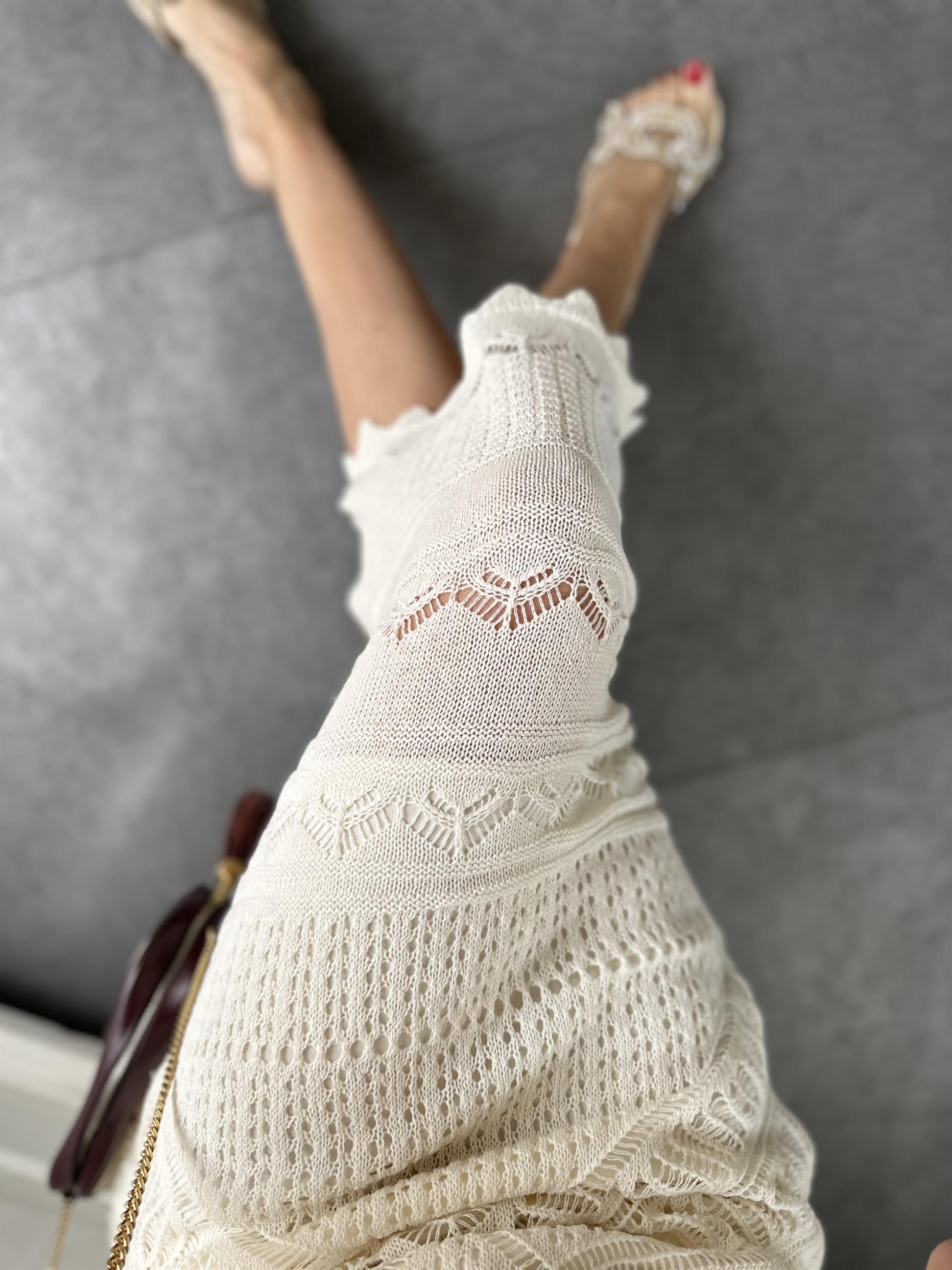 Ekru Ön Arka V Kesimli Romantic Stil Örgü Elbise