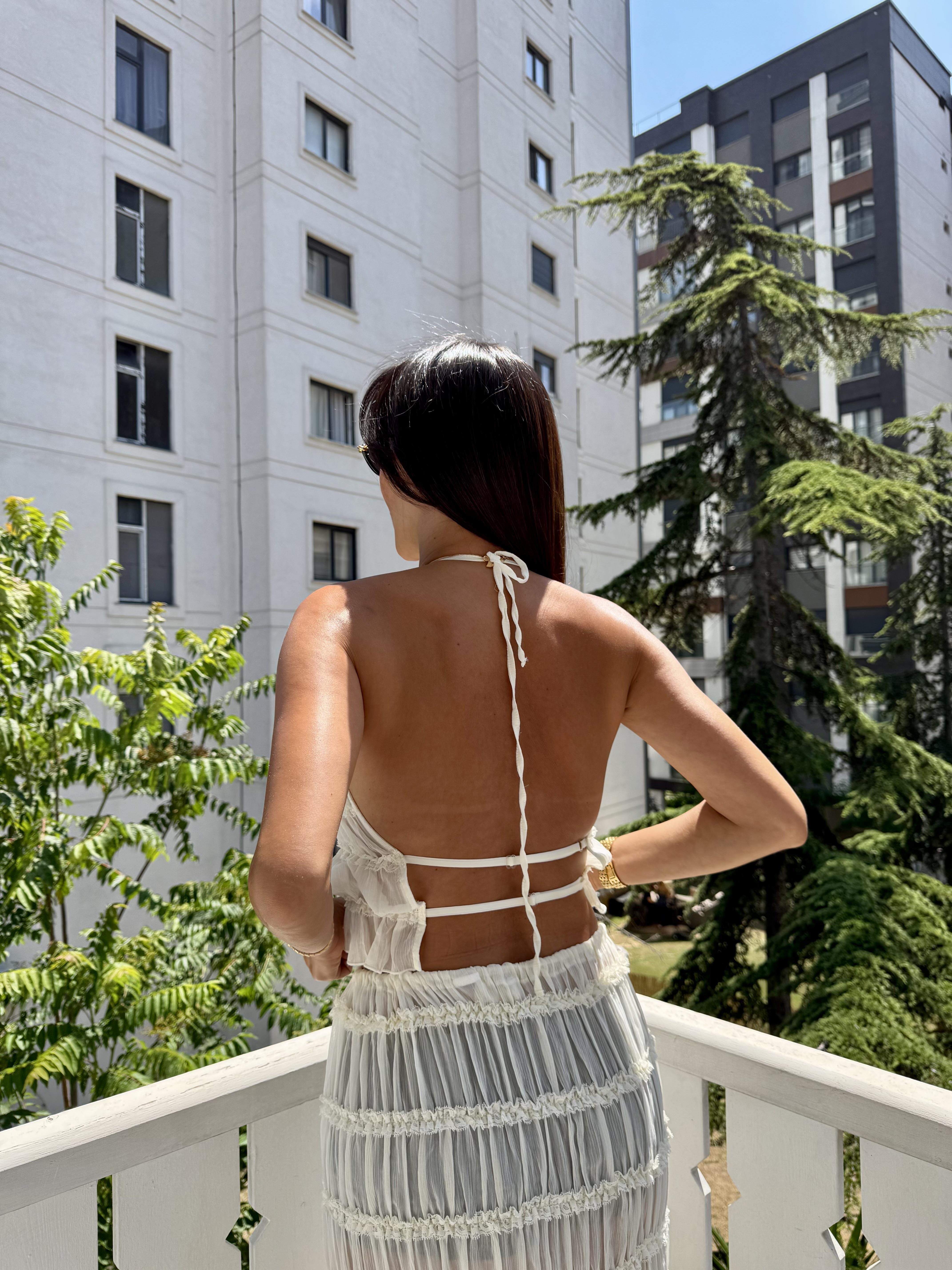 Ekru Sofi Transparan Crop Etek Takım