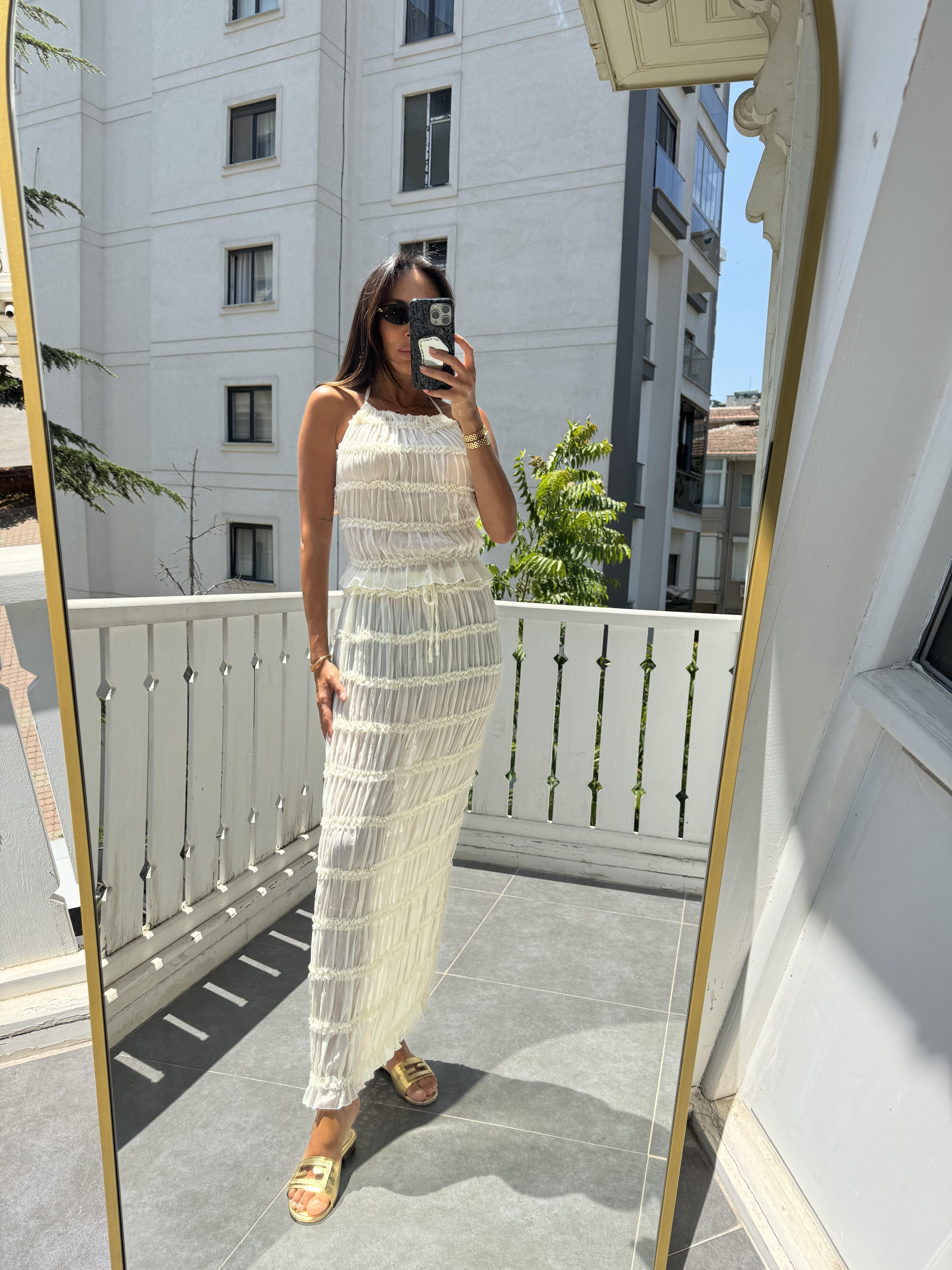 Ekru Sofi Transparan Crop Etek Takım