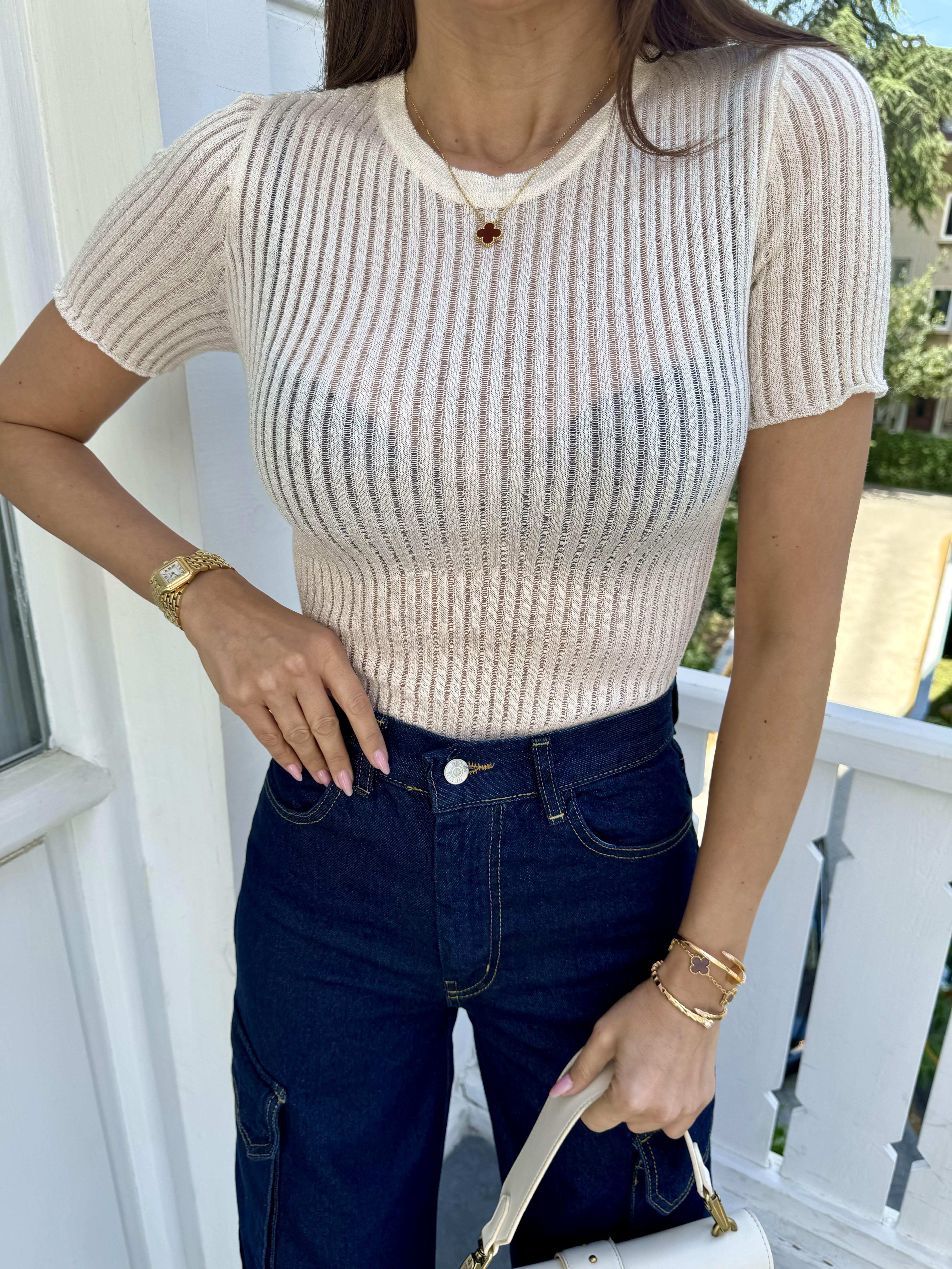 Ekru Transparan Kısa Kollu Bluz