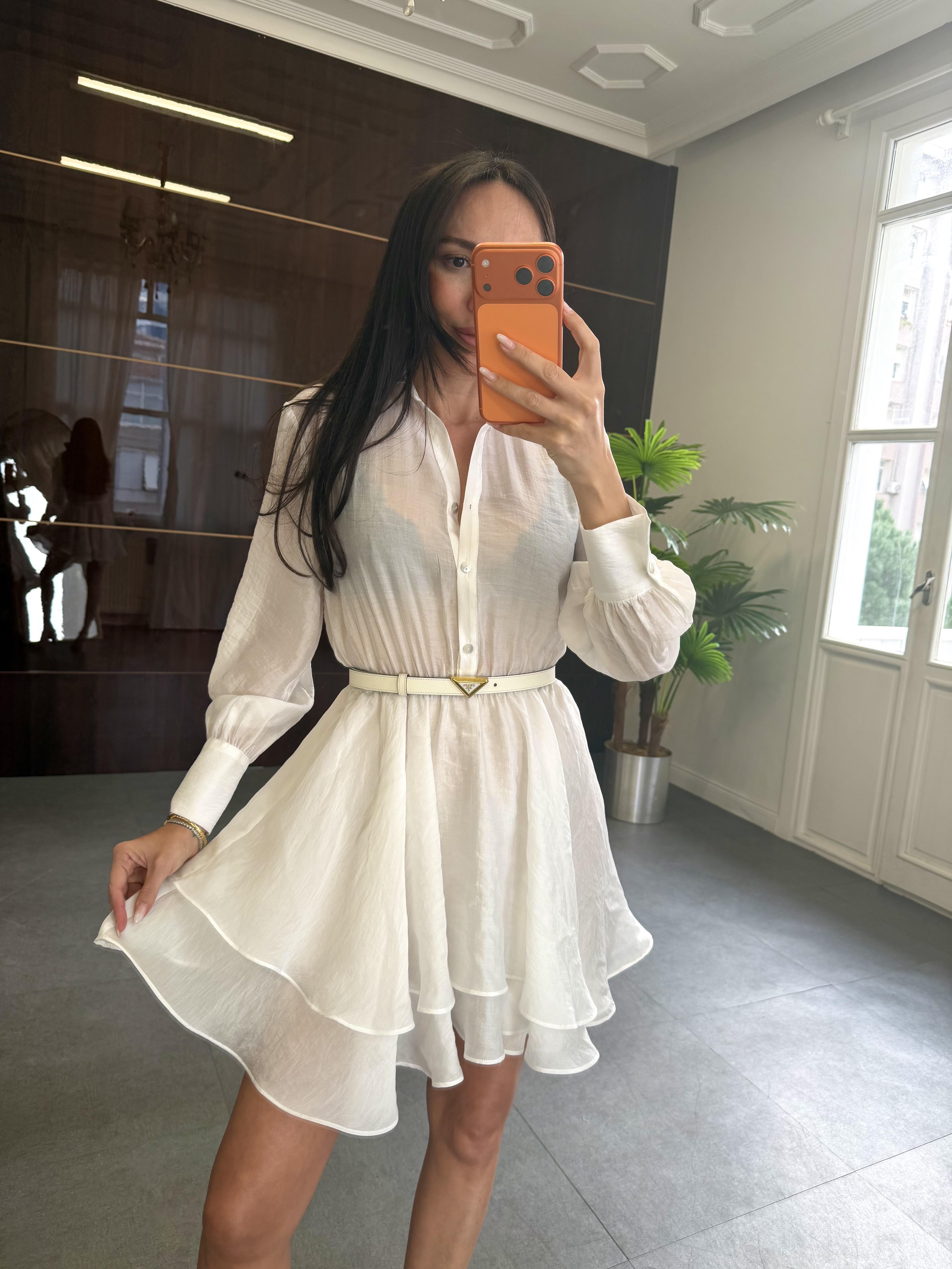 Ekru Volanlı Kısa Elbise