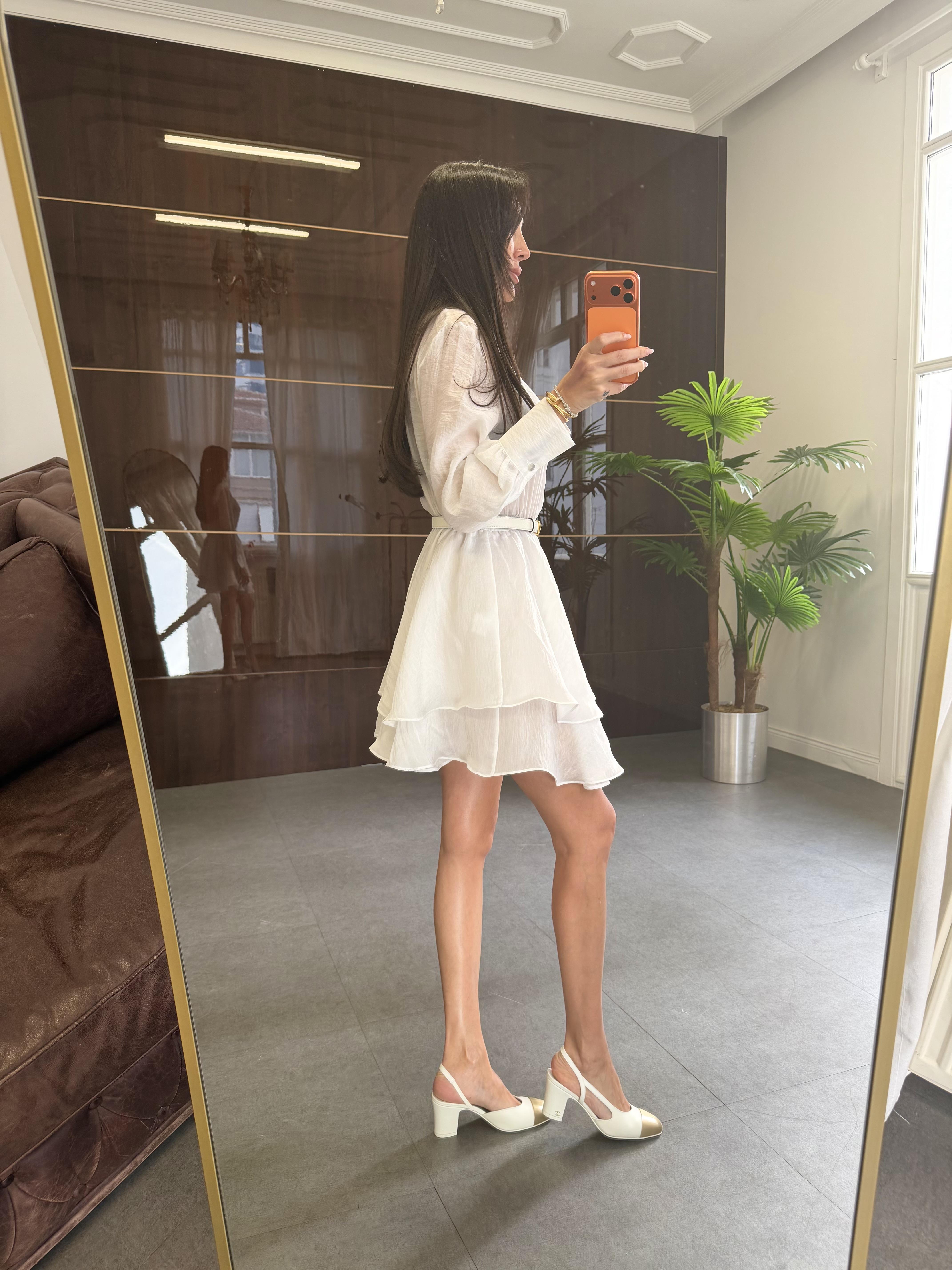 Ekru Volanlı Kısa Elbise