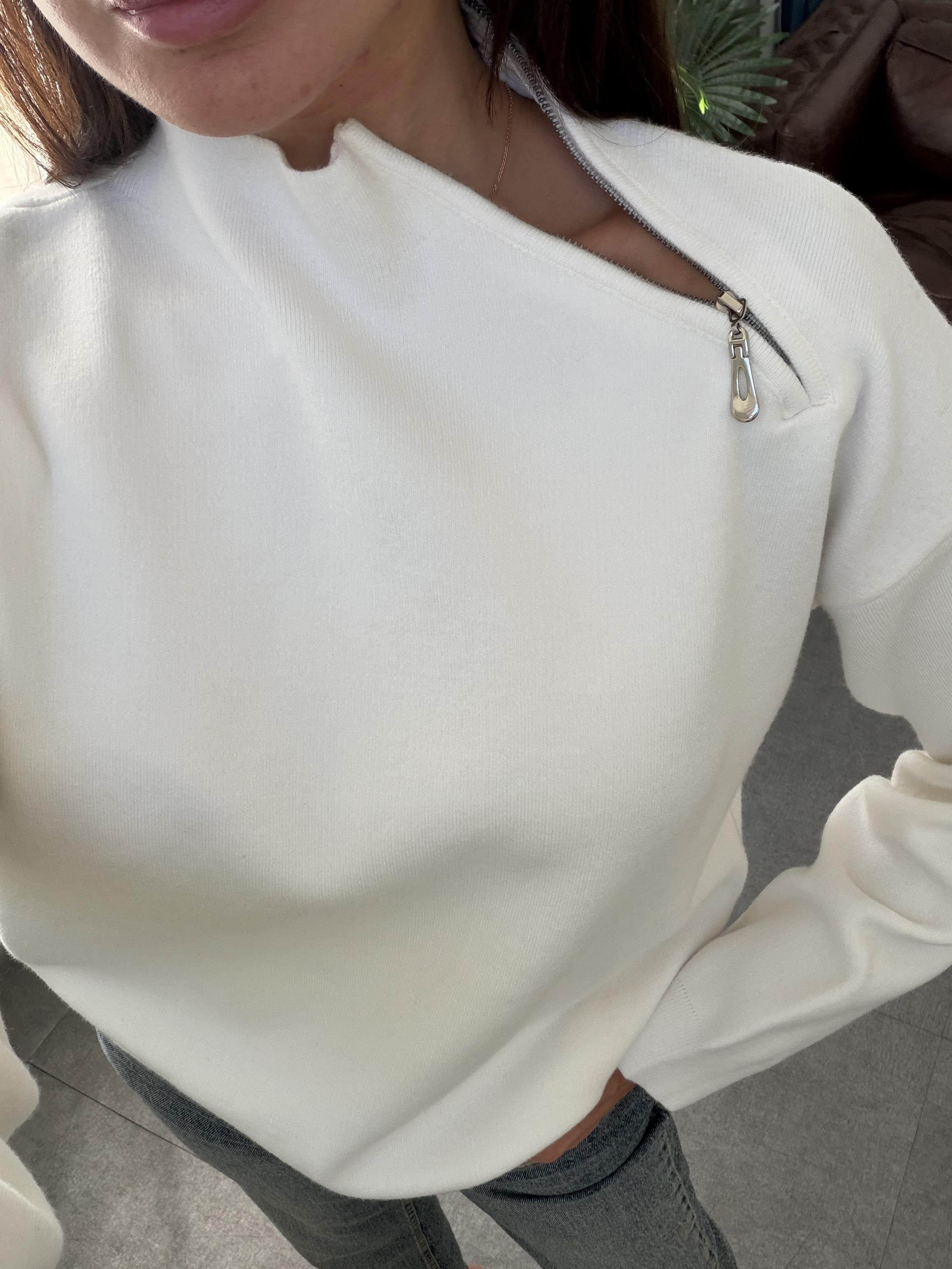 Ekru Yaka Fermuarlı Çelik Örme Triko