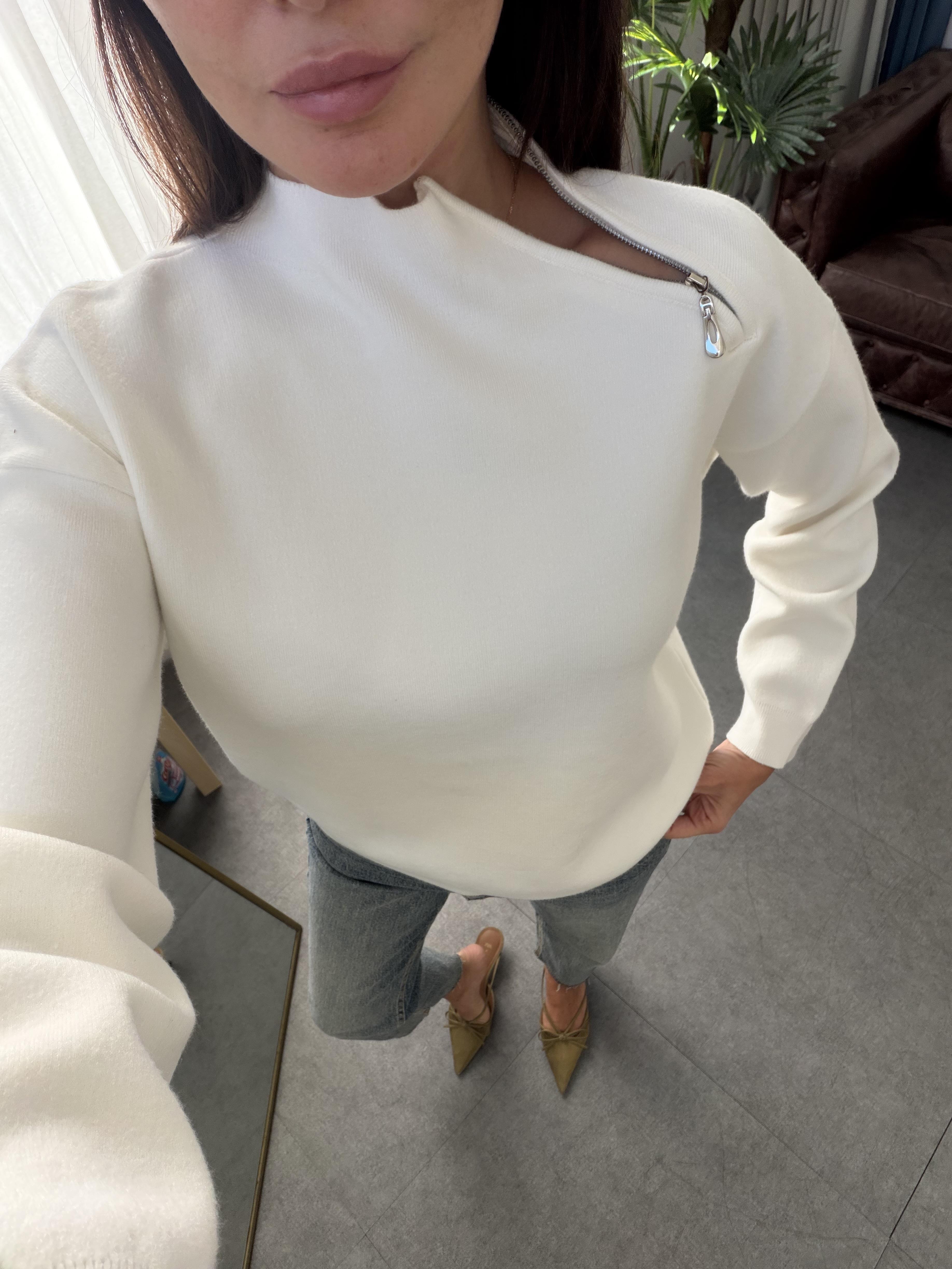 Ekru Yaka Fermuarlı Çelik Örme Triko