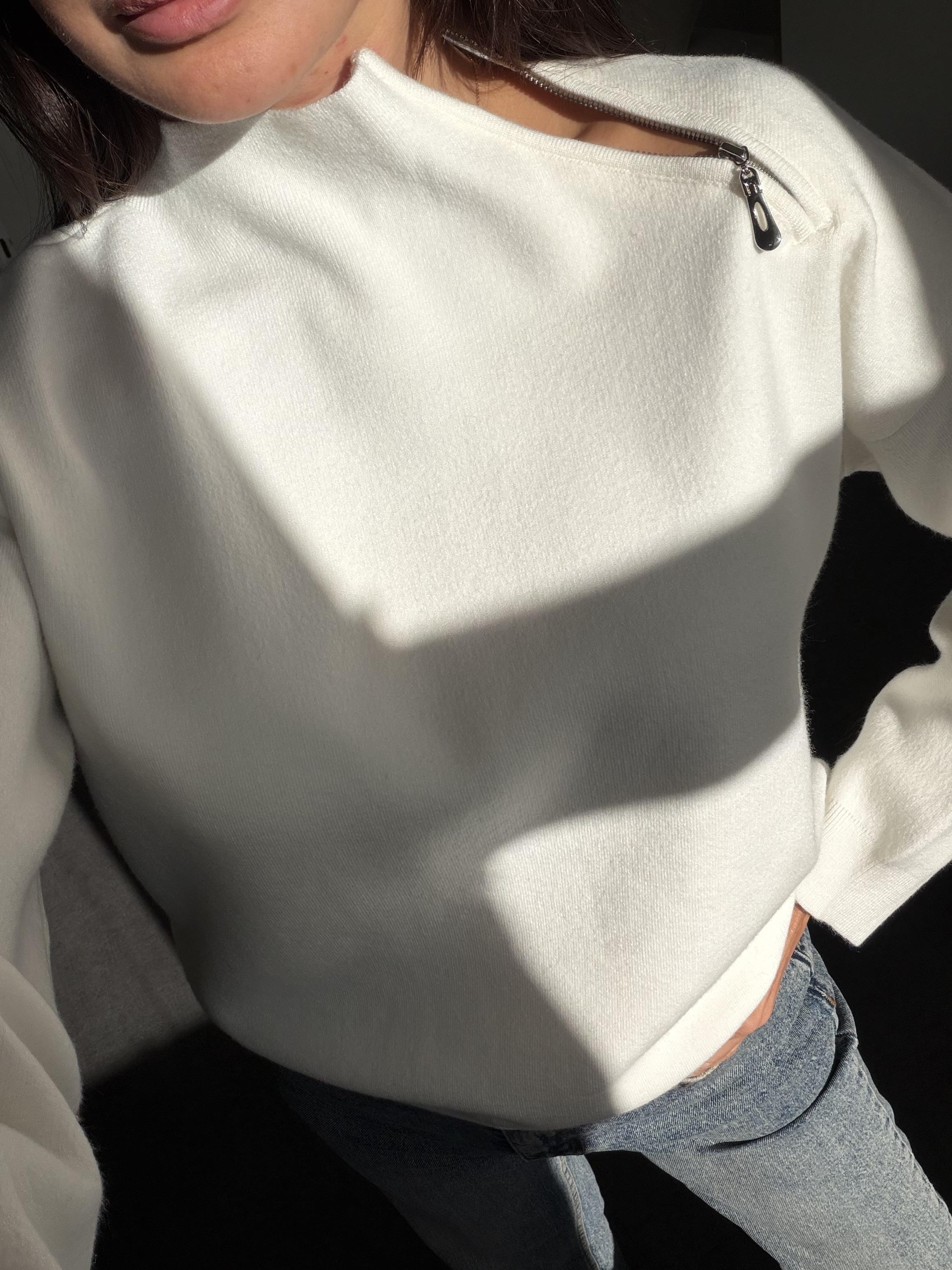 Ekru Yaka Fermuarlı Çelik Örme Triko