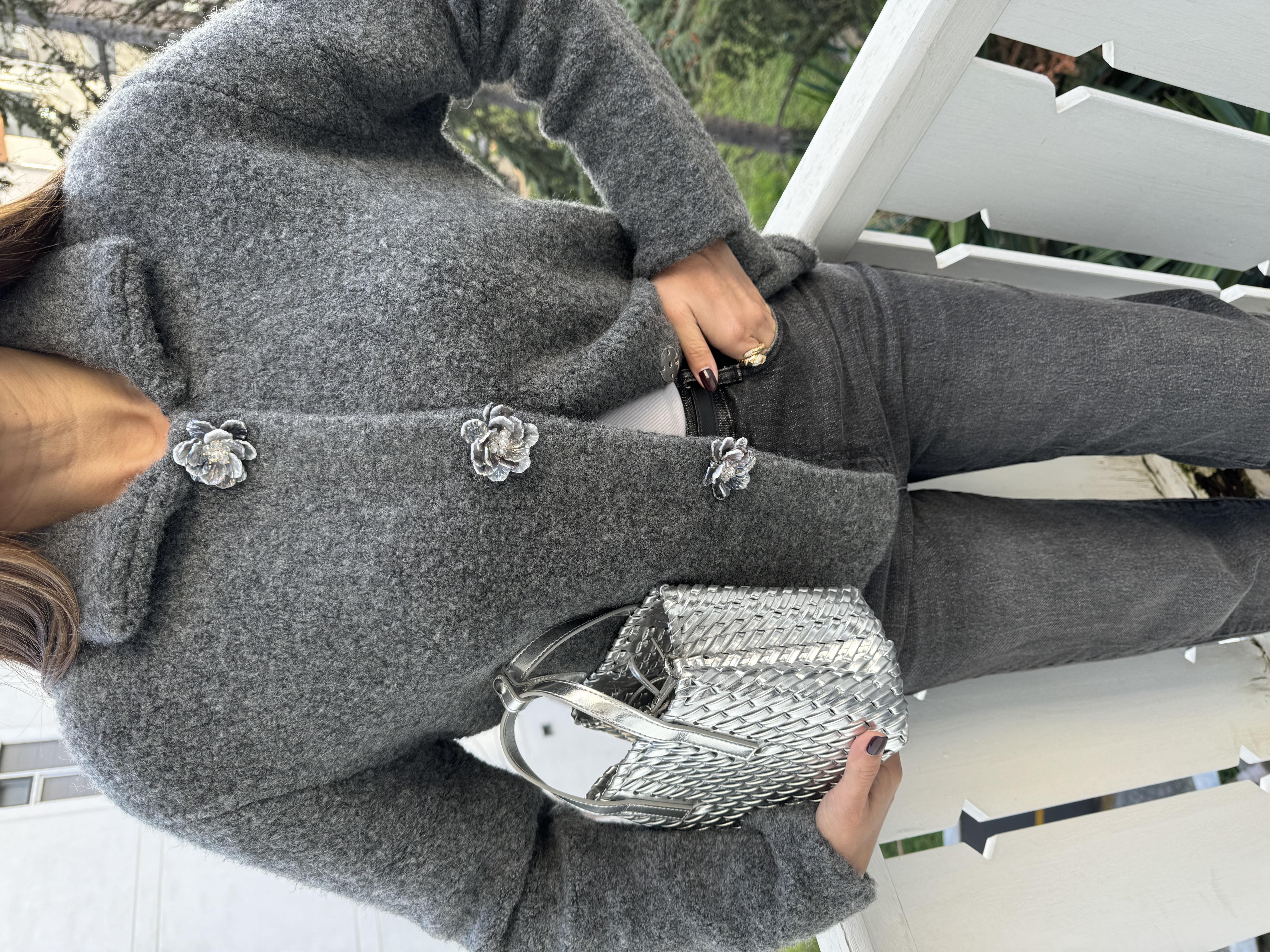 Füme Polo Yaka Çicek Çıtçıtlı Triko Hırka