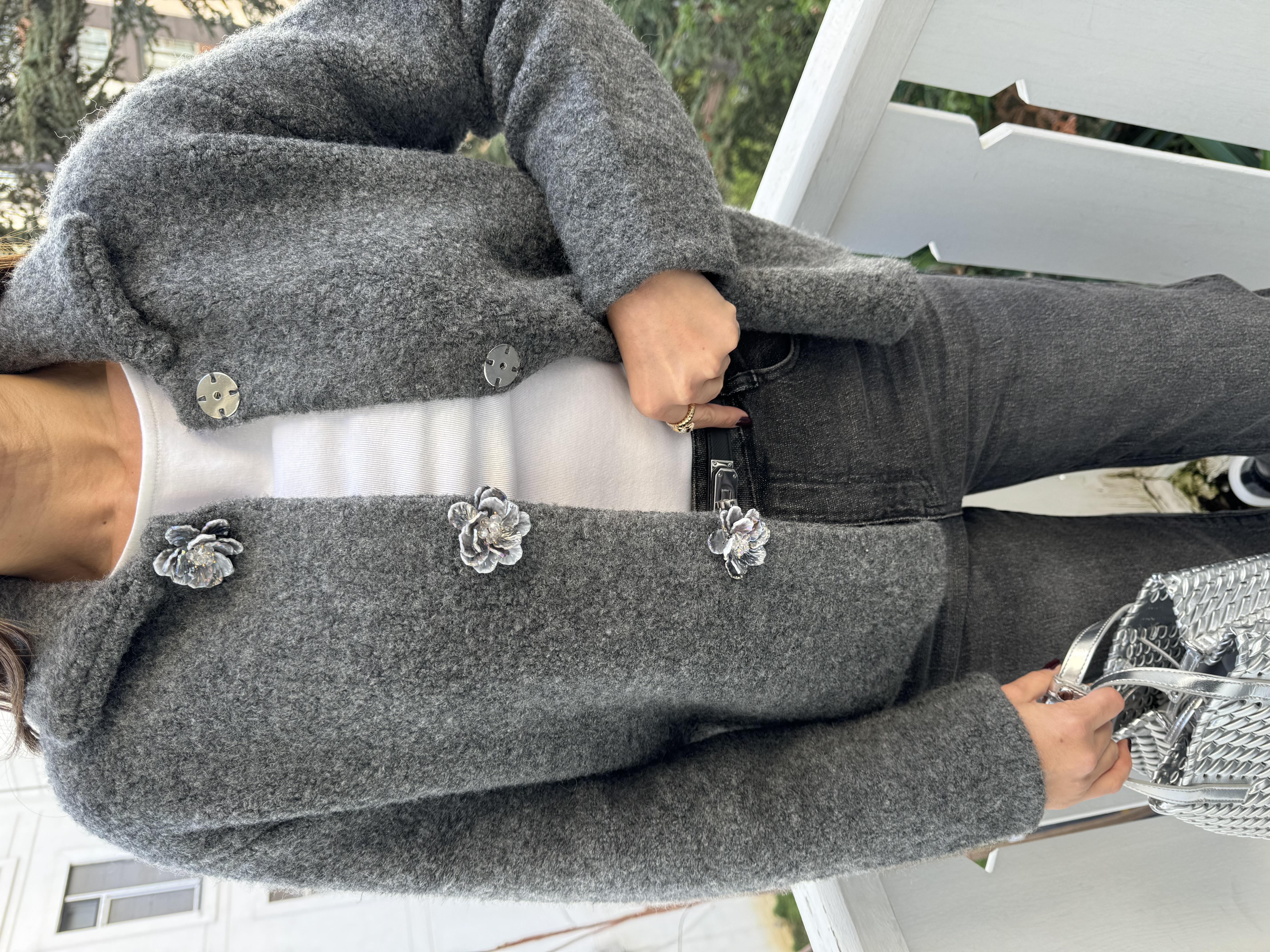 Füme Polo Yaka Çicek Çıtçıtlı Triko Hırka