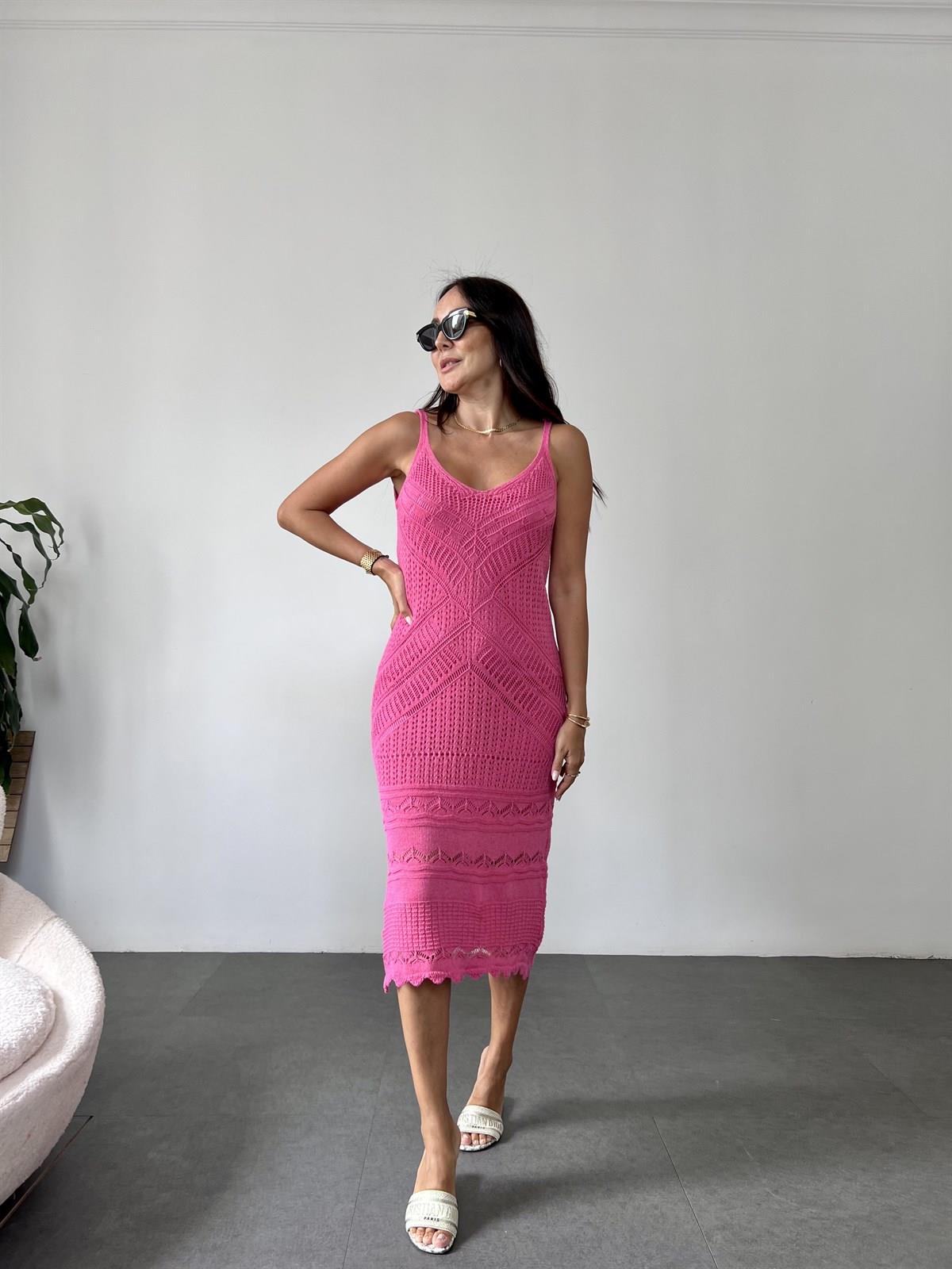 Fuşya Ön Arka V Kesimli Romantic Stil Örgü Elbise