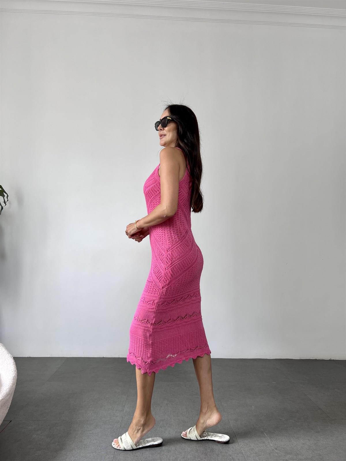 Fuşya Ön Arka V Kesimli Romantic Stil Örgü Elbise