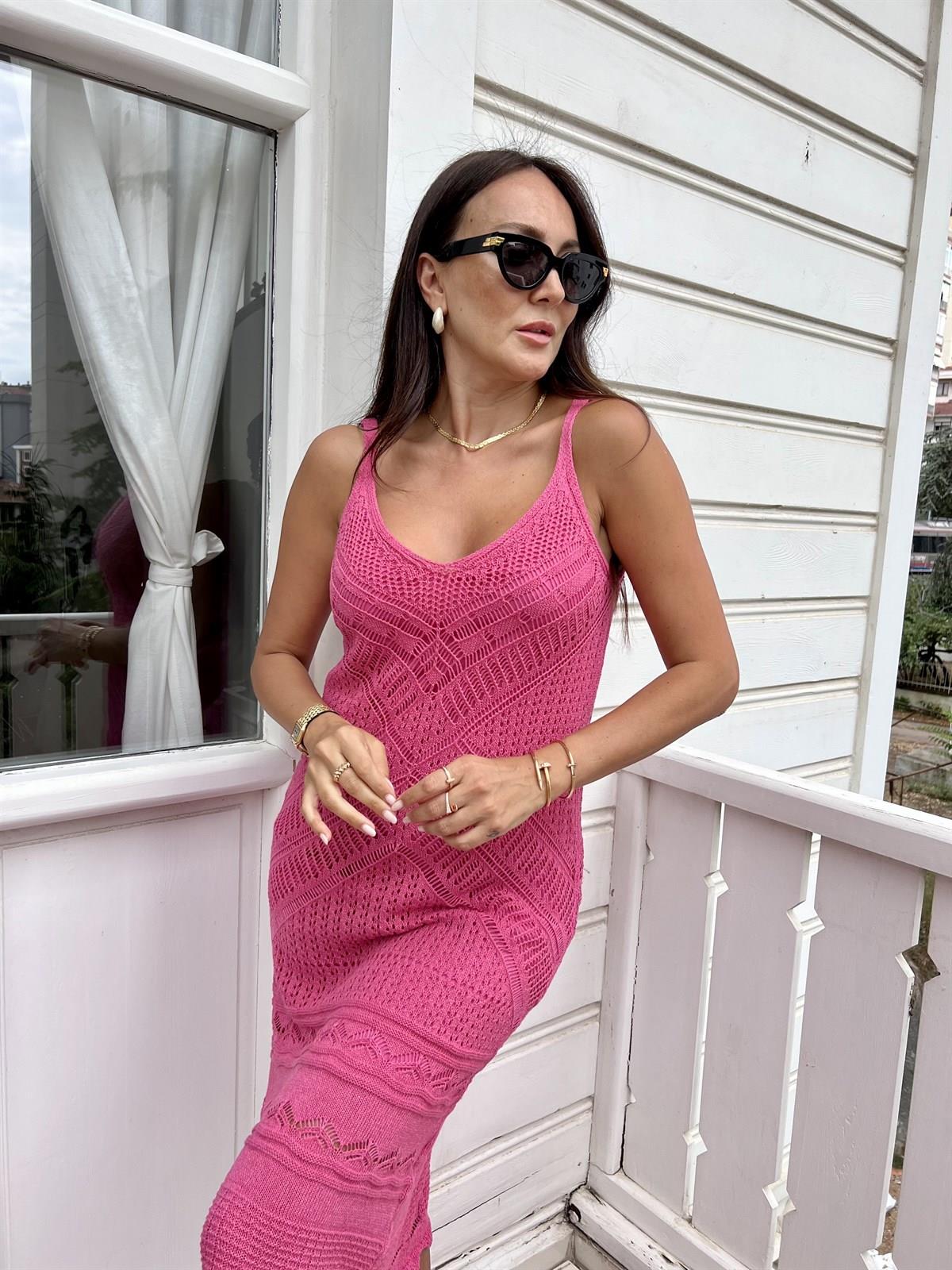 Fuşya Ön Arka V Kesimli Romantic Stil Örgü Elbise