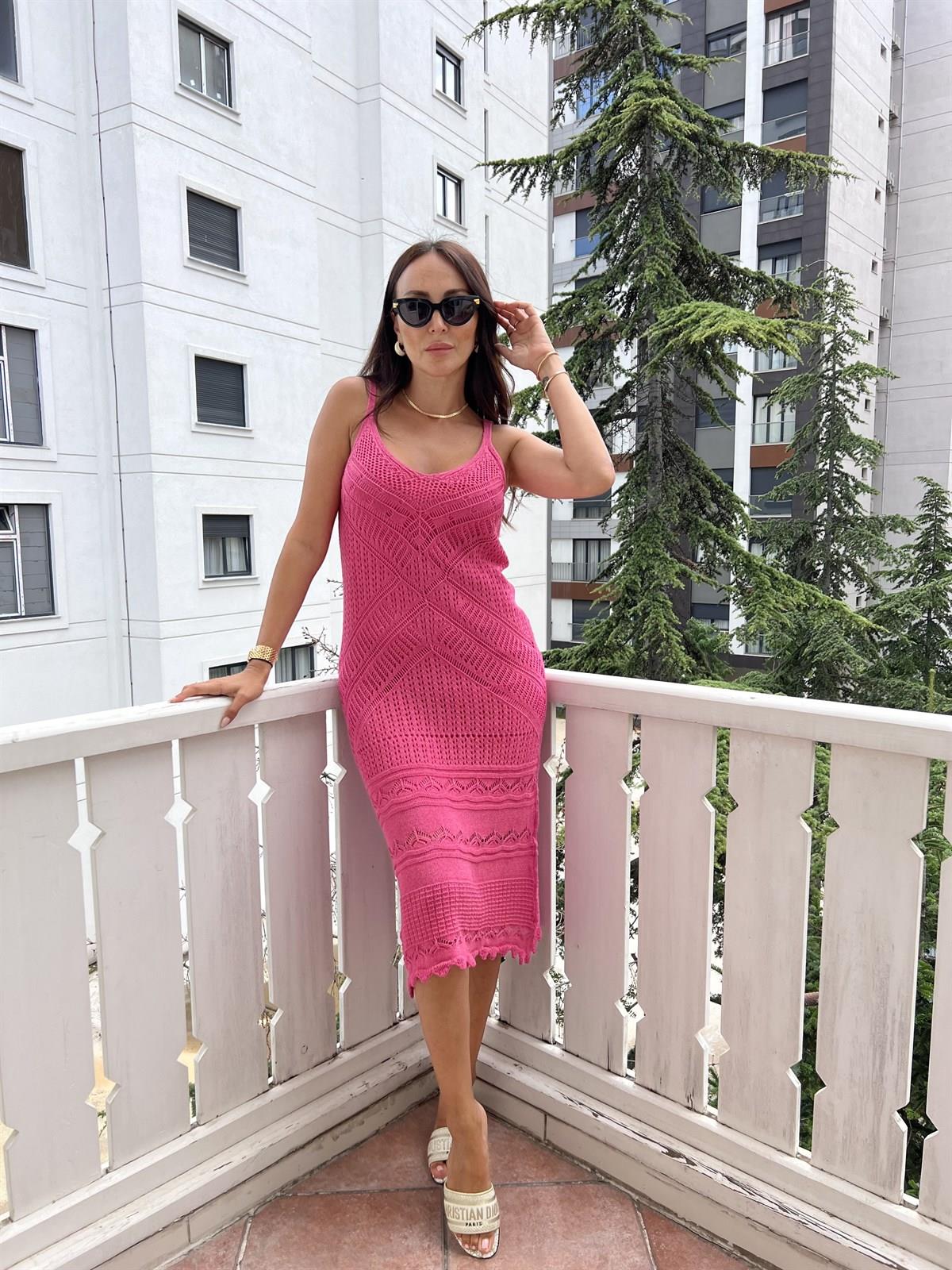 Fuşya Ön Arka V Kesimli Romantic Stil Örgü Elbise