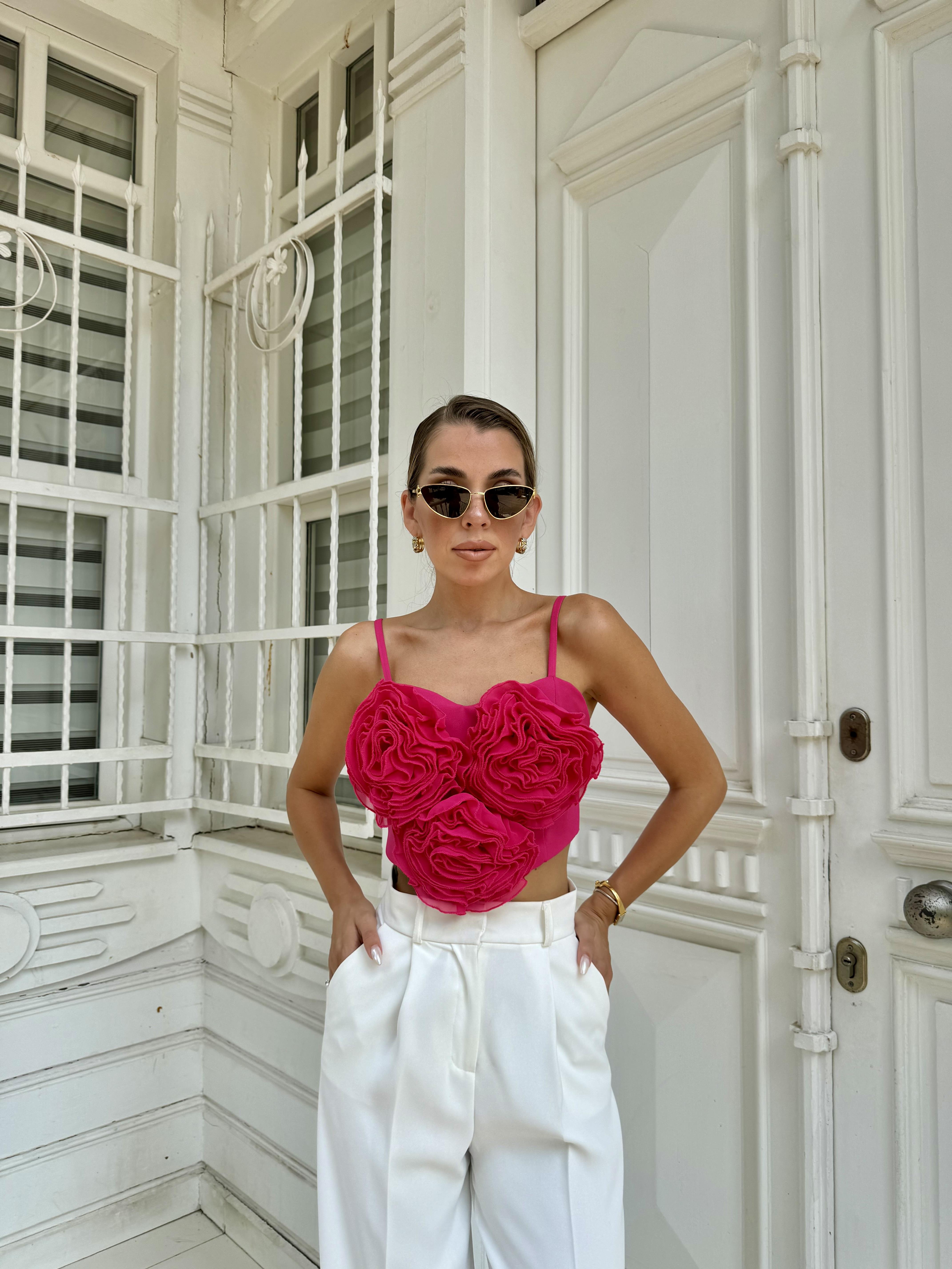 Fuşya İp Askılı Tasarım Bluz