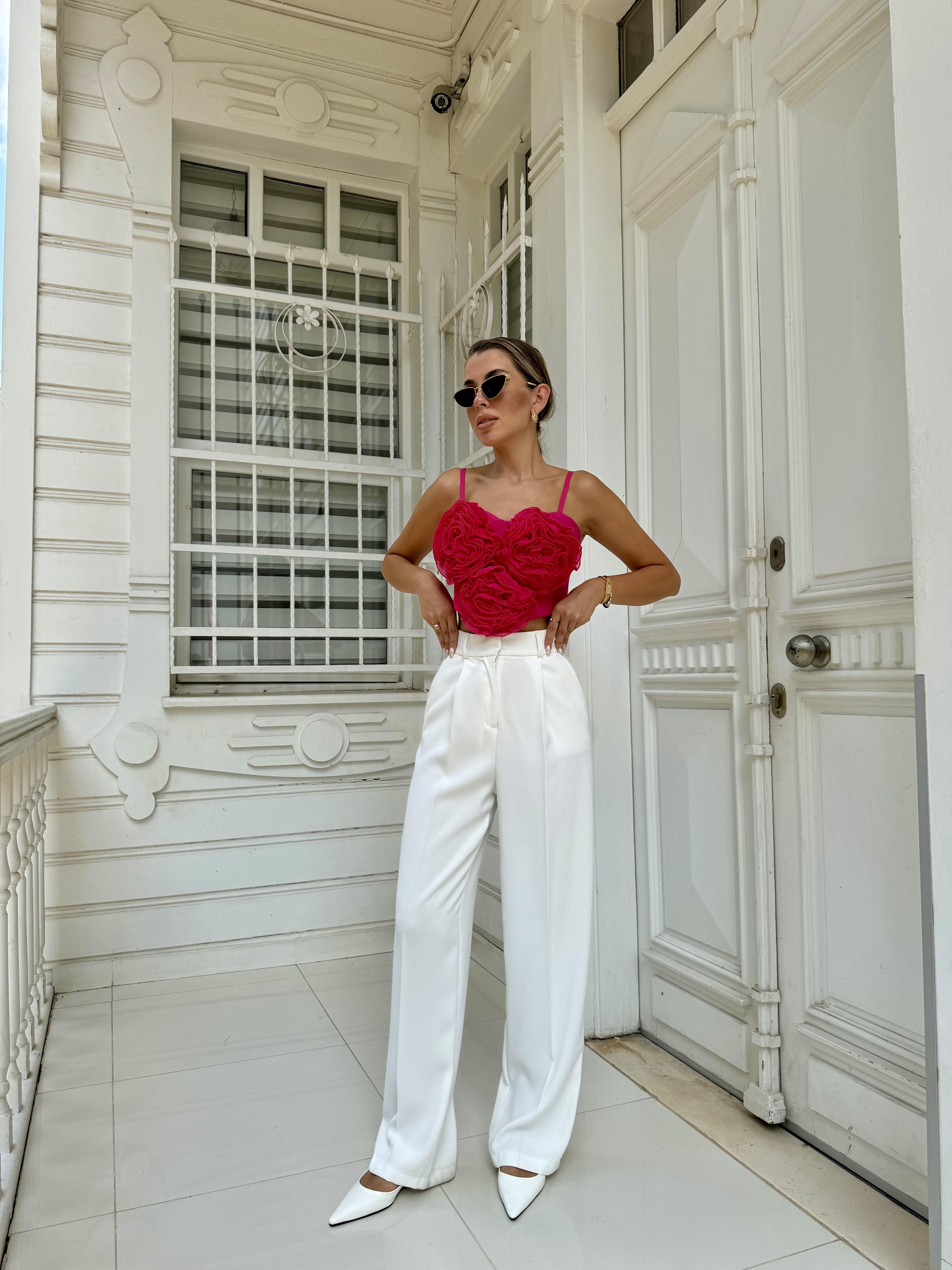 Fuşya İp Askılı Tasarım Bluz