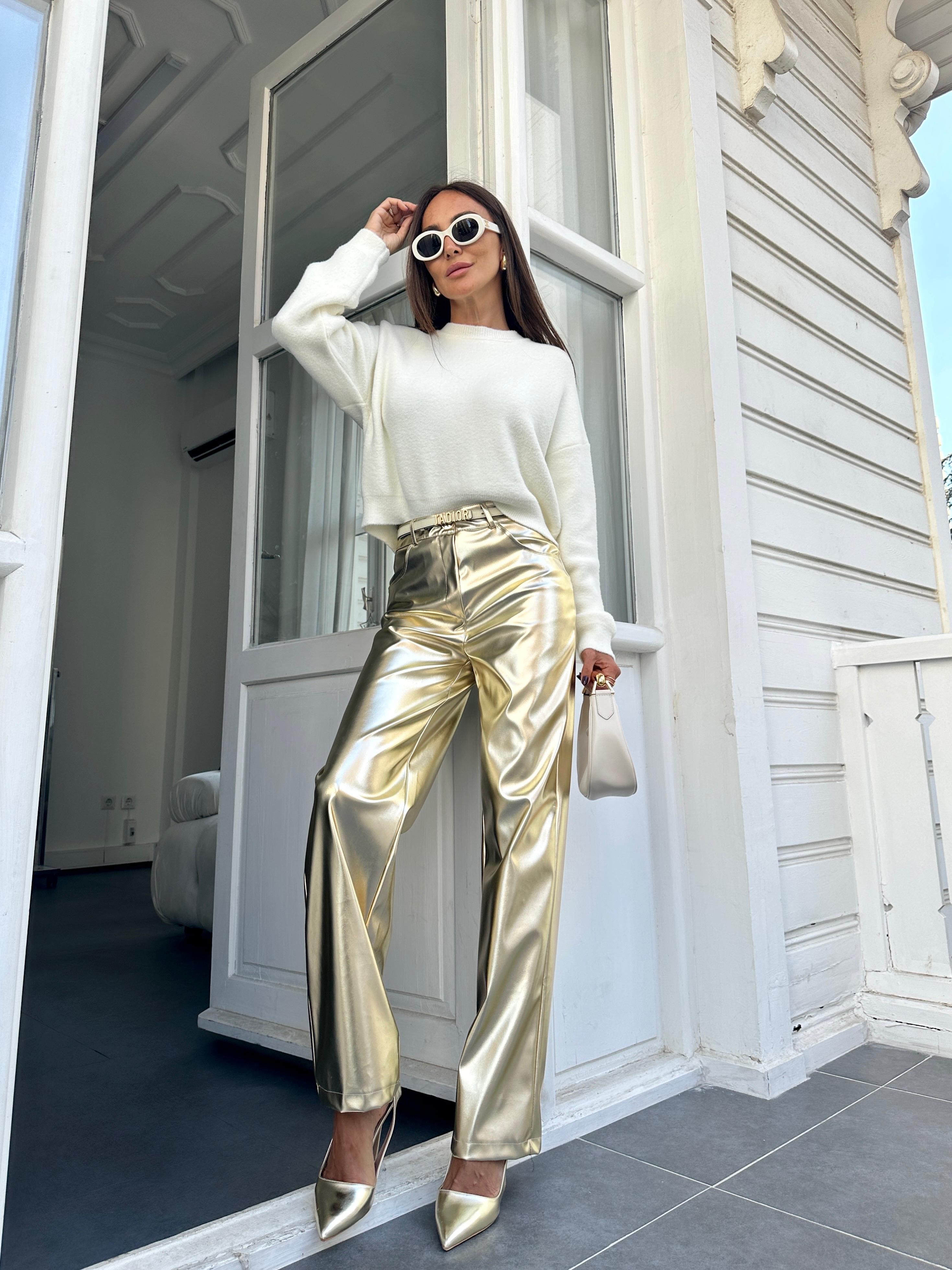Gold Metalik Wide-Leg Pantolon