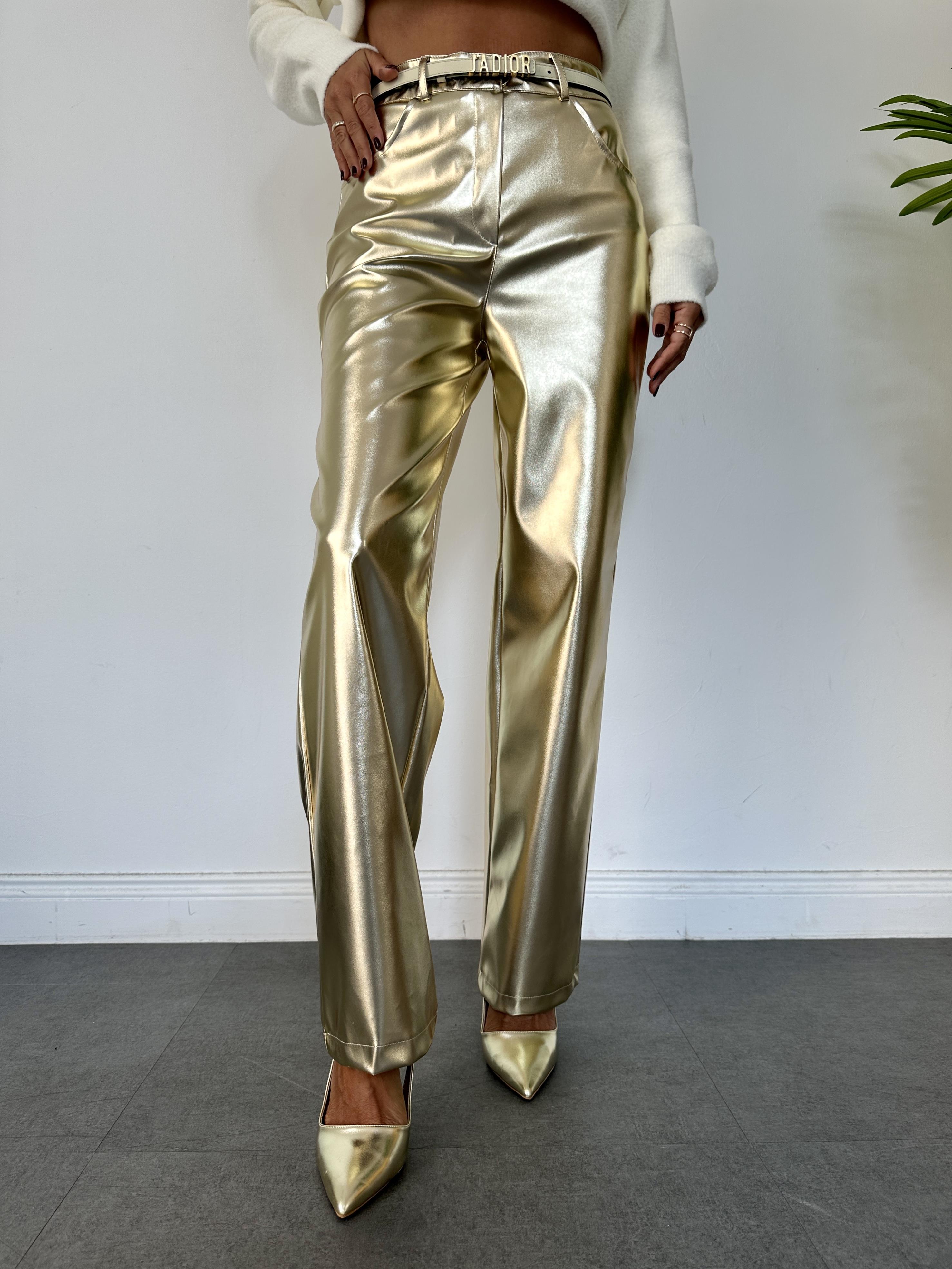 Gold Metalik Wide-Leg Pantolon