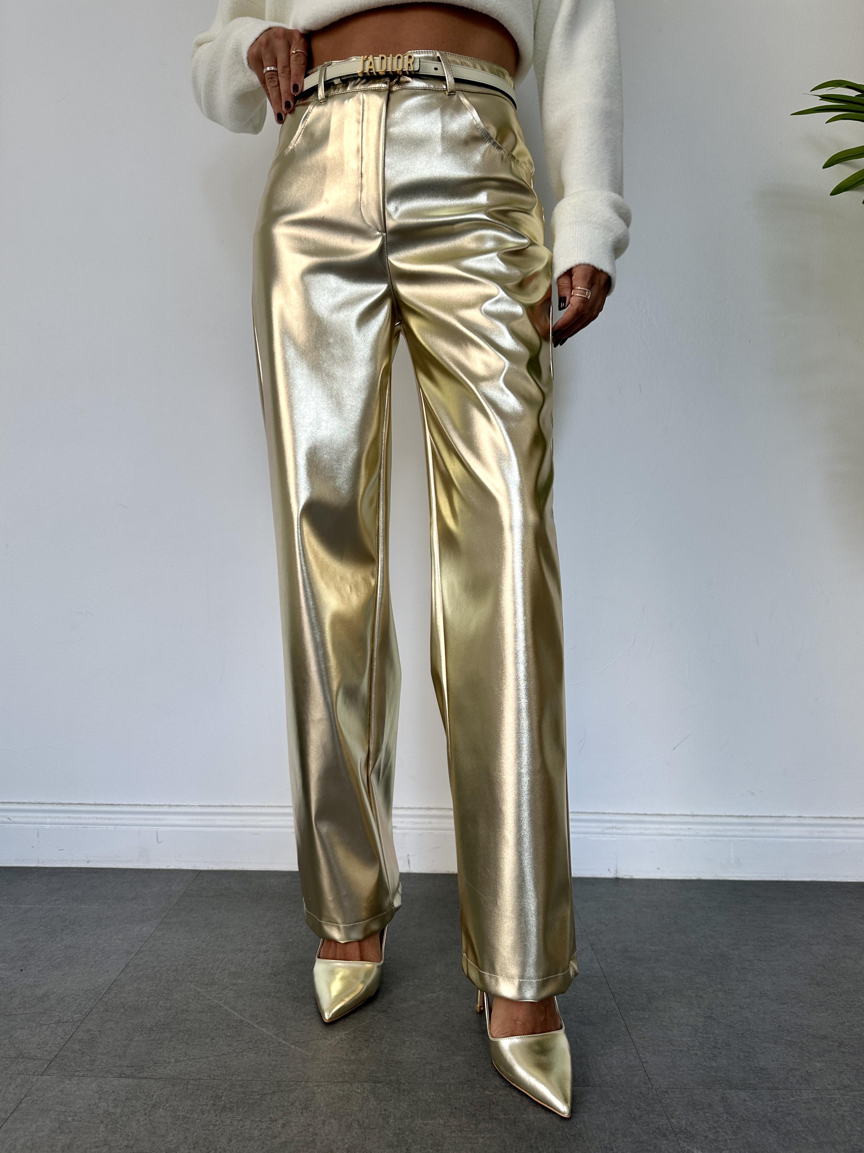 Gold Metalik Wide-Leg Pantolon